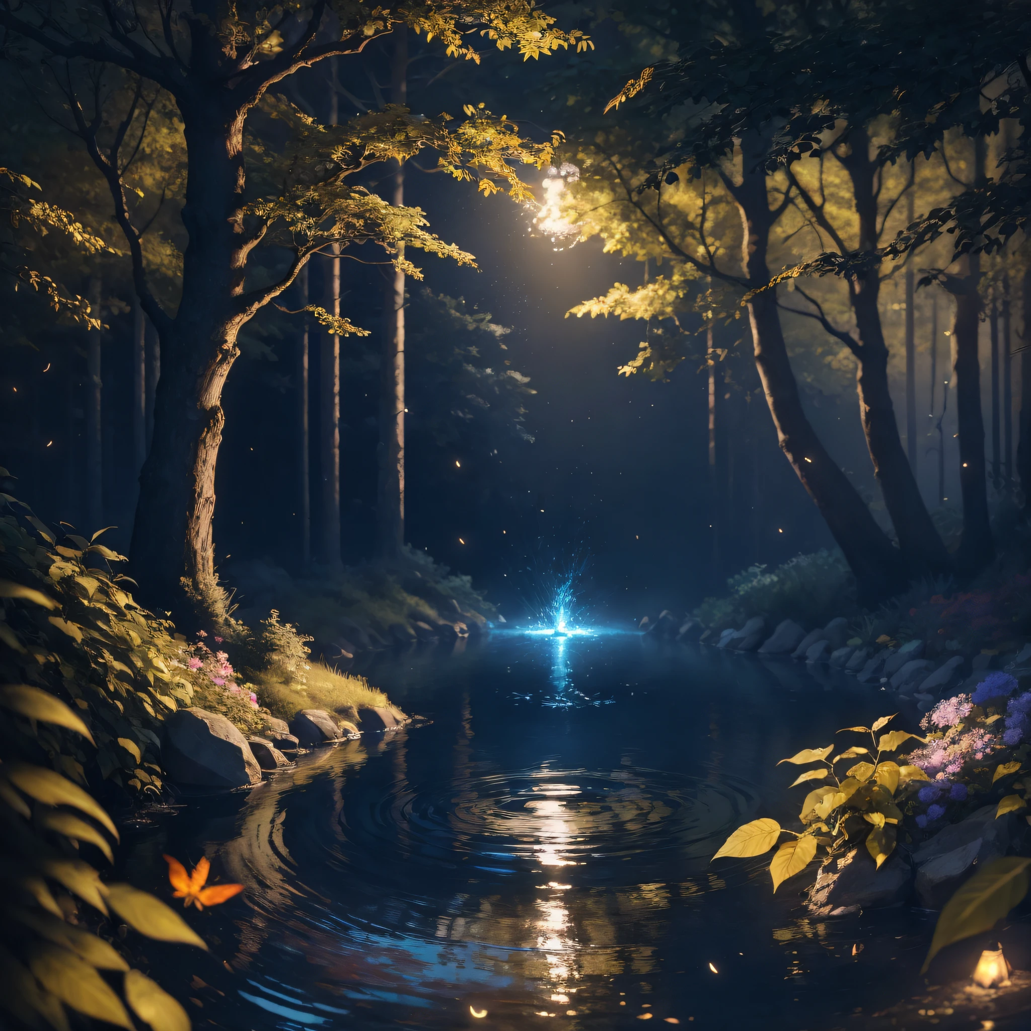 15mm, f6, dramatic, masterpiece, best quality, (very detailed CG unified 4k wallpaper), (best quality), (best illustration), (best shadow), glowing elf with a glowing deer, drinking water in pool, nature elements in forest theme. Mysterious forest, beautiful forest, nature, surrounded by flowers, delicate leaves and branches surrounded by fireflies (natural elements), (jungle theme), (leaves), (branches), (fireflies), (particle effects) and other 3D, ray tracing, super delicate, realistic CG --s5 --auto --s2