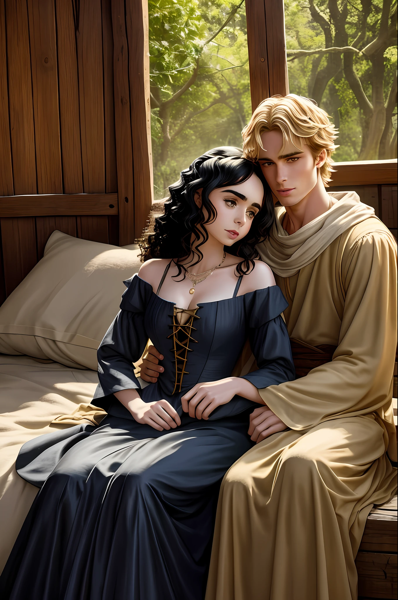 Lily Collins, who has black curly hair. wearing simple medieval dress; and Neels Visser wears a medieval peasant outfit and has blonde hair. The couple is sleeping in a bed in a shack.