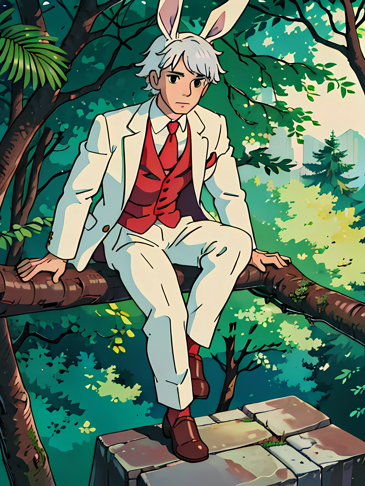 A boy, in a white suit, with silver hair, wearing a red tie, sitting on a tree trunk, with a confident expression, with a pair of rabbit ears (best quality) (8k) (best rendering) (masterpiece) (perfect anatomy)