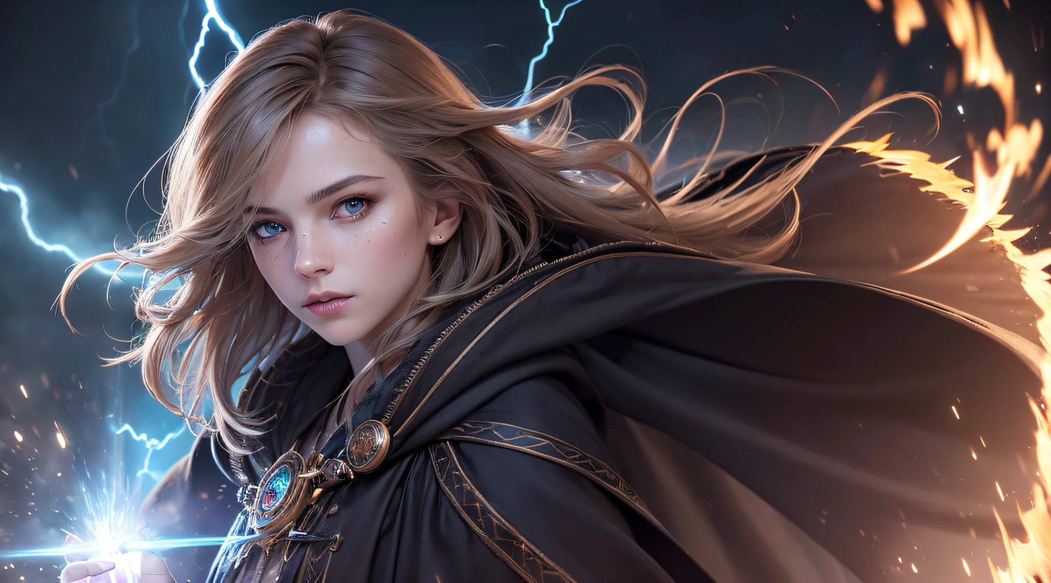 (skindentation:1.5), Realistic, Photorealistic, (masterpiece:1.5), concept art, intricate details, highly detailed, photorealistic, octane render, 8k, unreal engine, dynamic pose, best quality, highres, (realistic face:1.1), (hyperrealistic:1.1), ((full_body)), perfect eyes,(shiny skin:1.2), (((hairstyle))), (((perfect hands))), (extremely detailed background), ((dynamic background)), ((lightning)), (light rays), ((1girl)), wearing cloak, (((flowing cloak))), ((detailed eyes, high quality eyes, high quality face)), (extremely intricate robes, magical robes), short hair, casting lightning, electricity, swirling fire, radiating power, sparks, smoke, magic, ((dramatic)), epic, battlefield, depth of field, bokeh, 4k, gothic, ember, particles