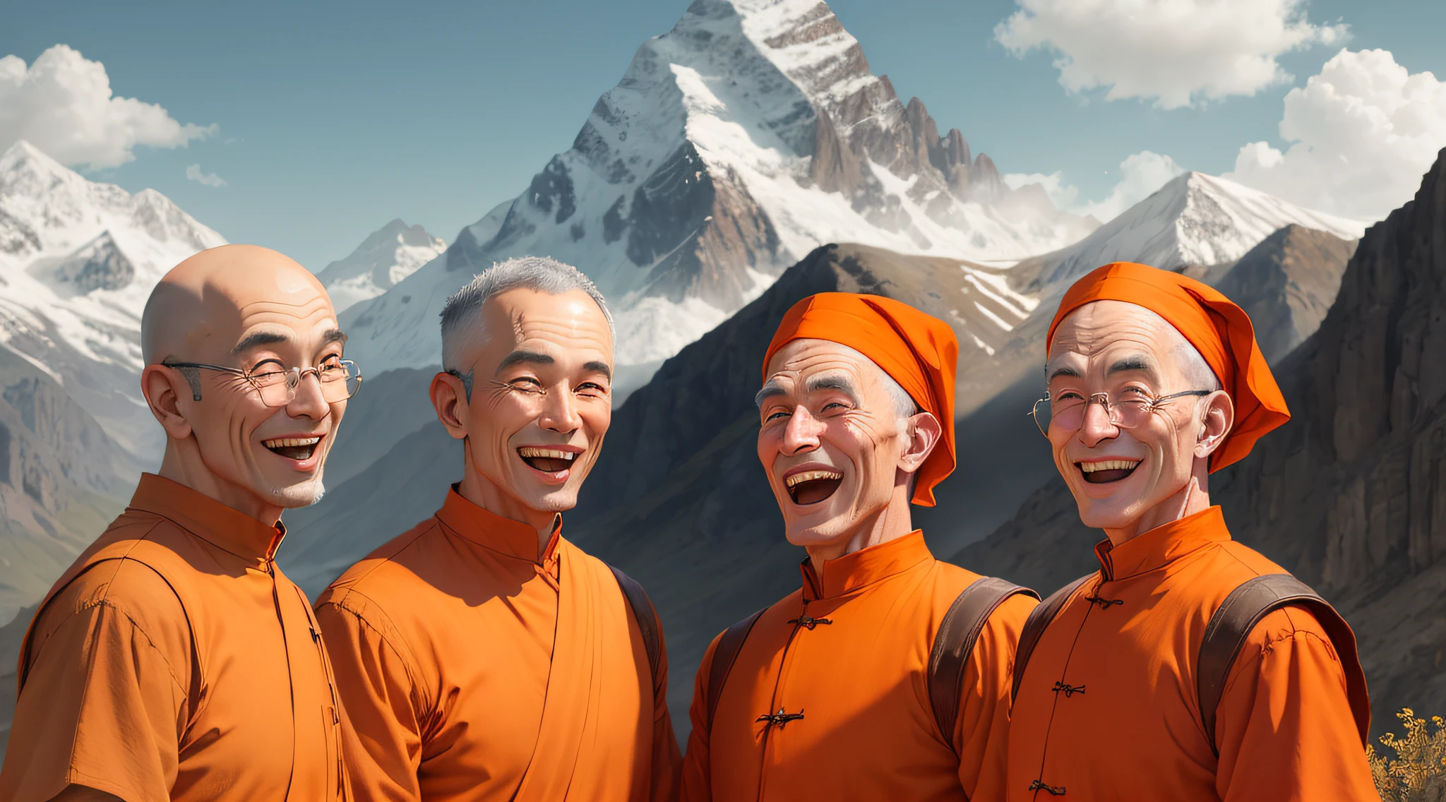 Three old monks, orange clothes, laughing at mountain backgrounds