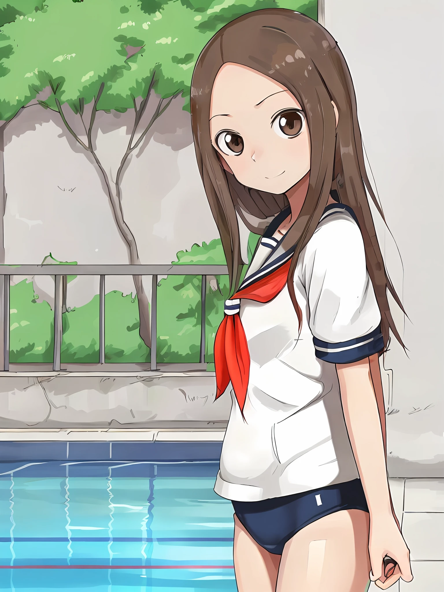 masterpiece, best quality, takagi-san, serafuku, bare forehead, long_hair, brown_eyes,brown_hair,short_sleeves,red_neckerchief, swimsuit, sports swimsuit, camel toe, white swimsuit, pool, school swimsuit, takagi1