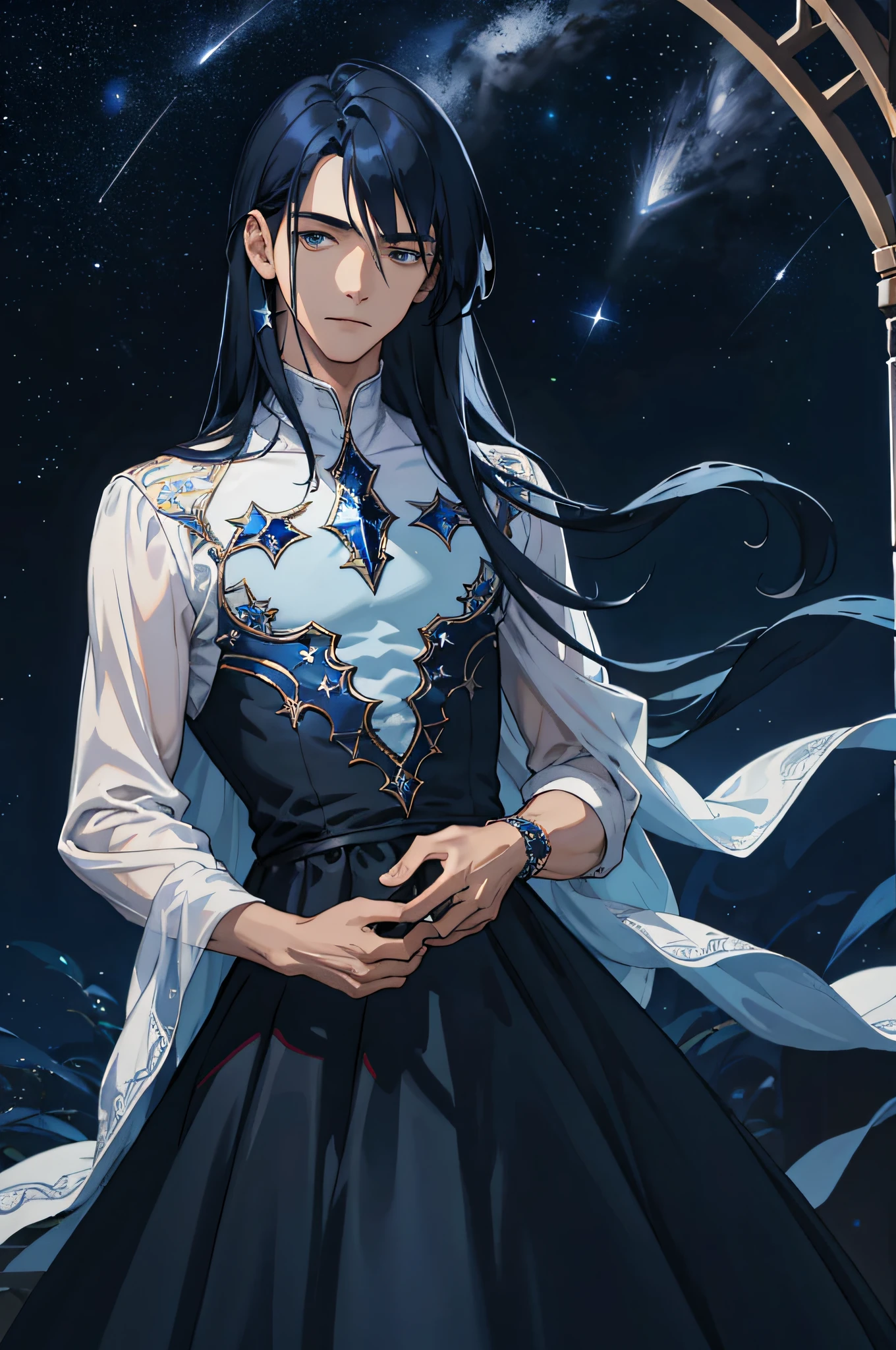 Masterpiece, best quality, teenager, male, long dark blue hair, straight hair, Qi bangs, expressionless, intricate details, delicate princess dress, dark night, starry sky, stars, black, blue, black background