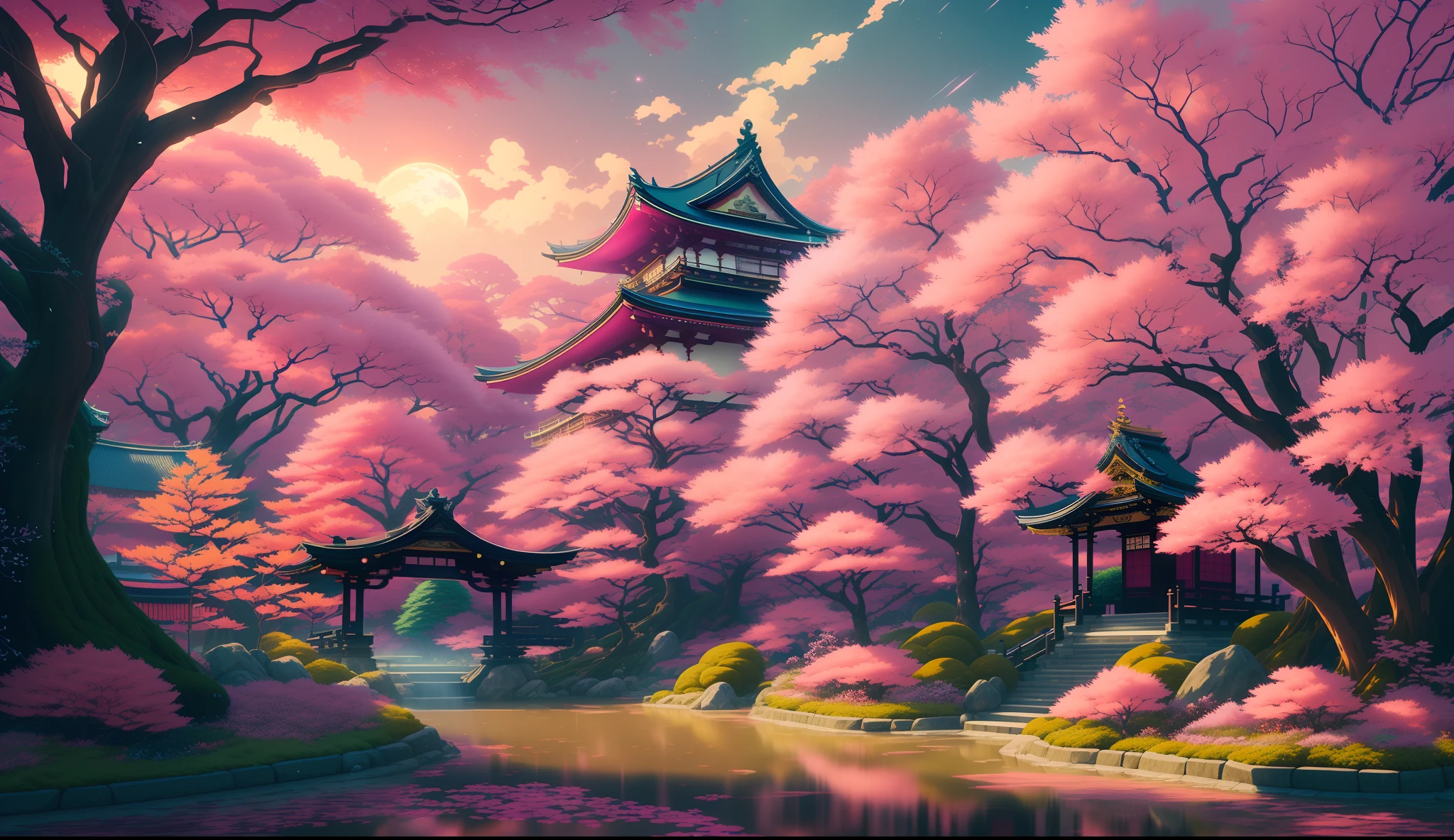 (masterpiece, best illustration, no humans), anime background, kyoto, semi realistic, dreamscape, award-winning masterpiece with incredible detail, liminal space, highly detailed, Toronto, cinematic, rim lighting, octane render, wvebg1, bganidusk, pixel, pixel art,(pink foliage)