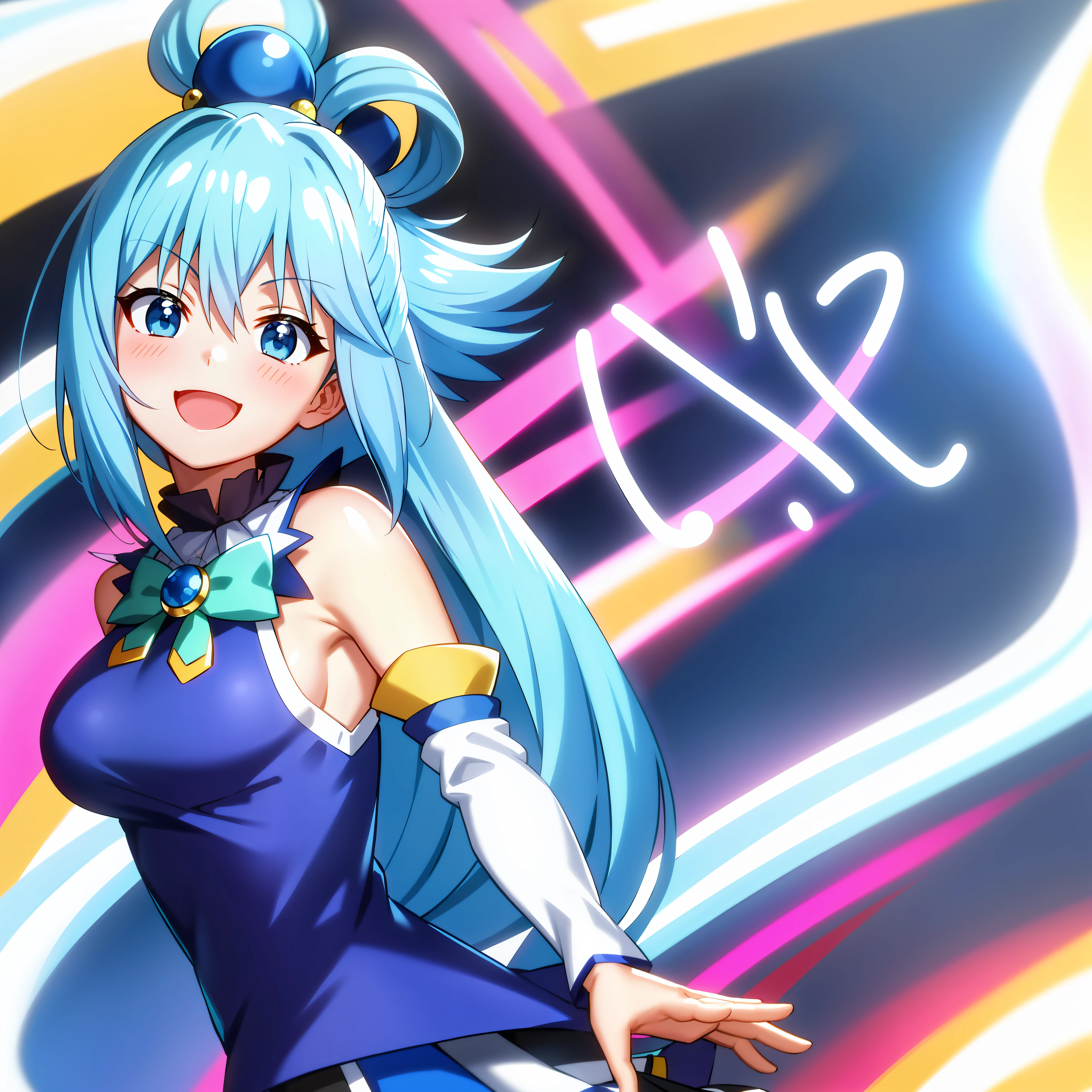 ,anime screenshot,anime coloring, close portrait,
1girl, long hair, solo, open mouth, smile, upper body, head tilt, blue hair, blue eyes, separate sleeves, outdoor, hair ornament, bare shoulders, single hair ring, green bow, looking at the viewer, blue shirt,