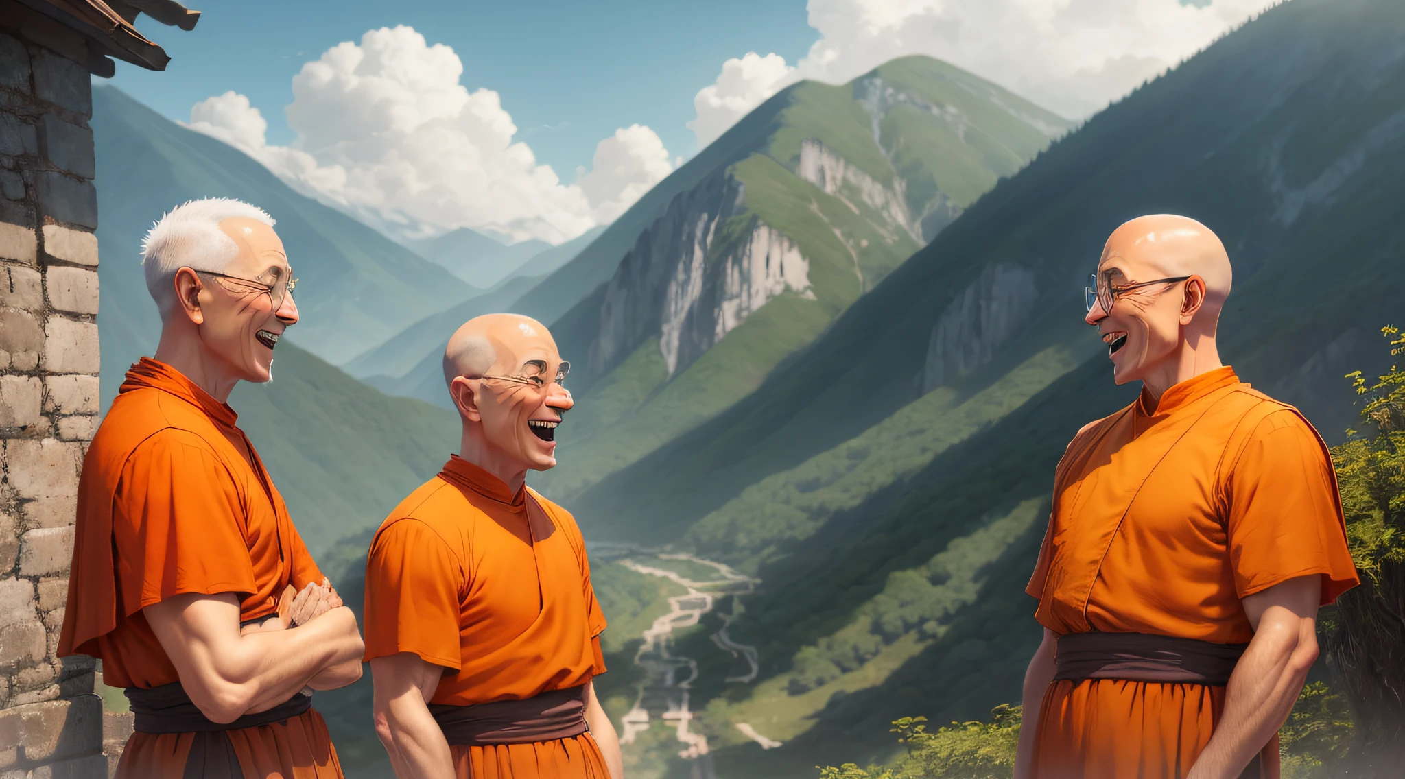 Three old s, orange clothes, laughing mountain background