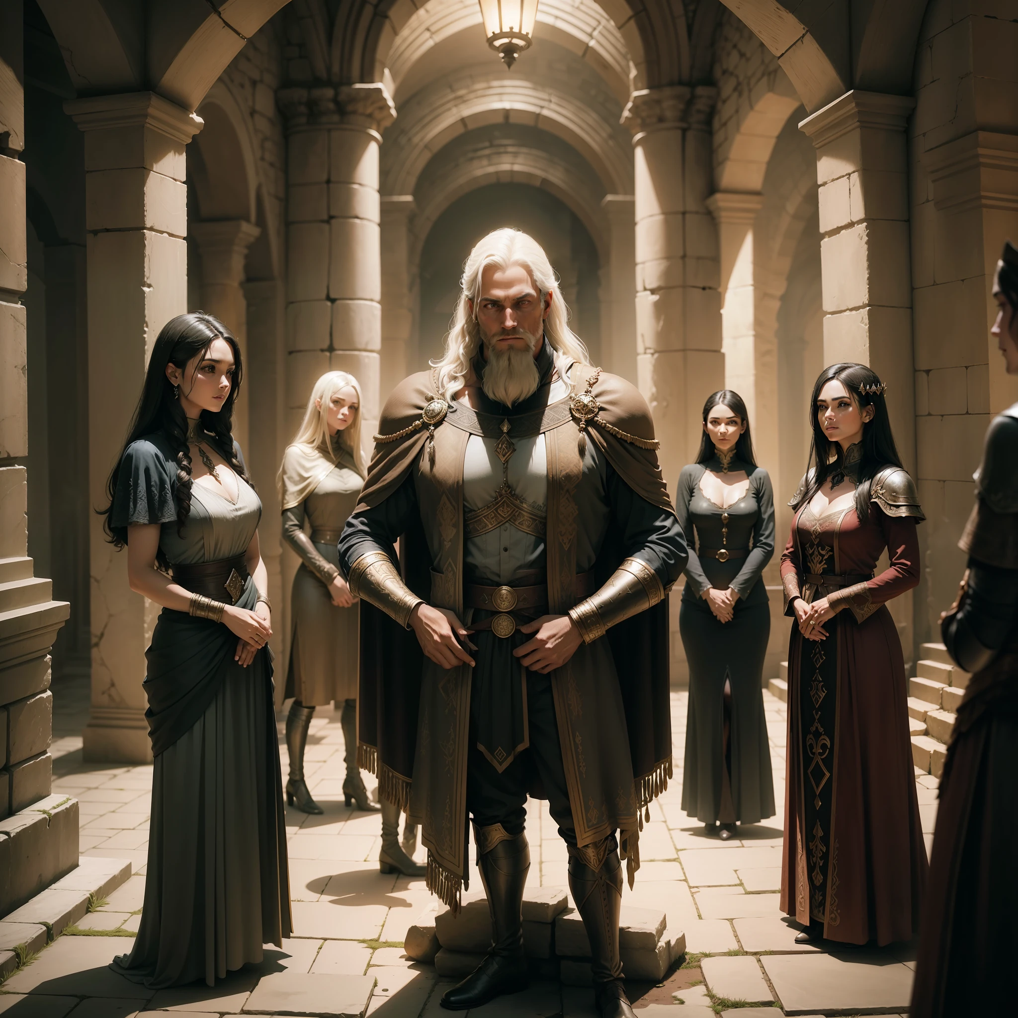 A closeup of a group of people standing in a room, all elegant wearing RPG scene cards, ancient ruins, entrance to an ancient dungeon, detailed textures and lighting