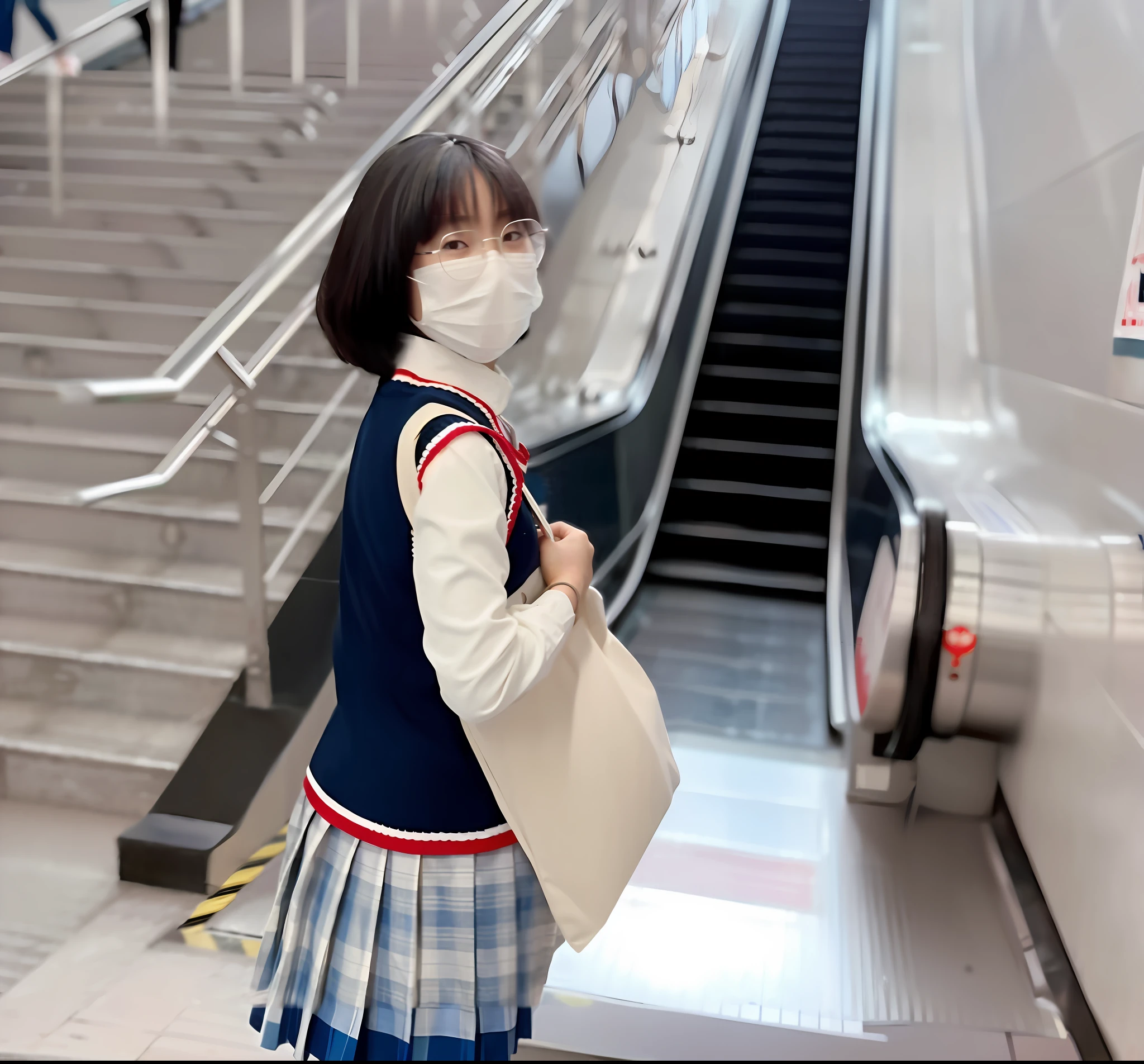 There is a woman with a bag in a mask, Japanese girls' school uniform, Chengfu, Japanese school uniform, anime girl cosplay, wearing Japanese school uniform, anime girl in real life, magical school uniform, Chiho, urzo, cute schoolgirl, surreal schoolgirl, Hakuhime haircut, Kantai collection style, white shoes, very long legs