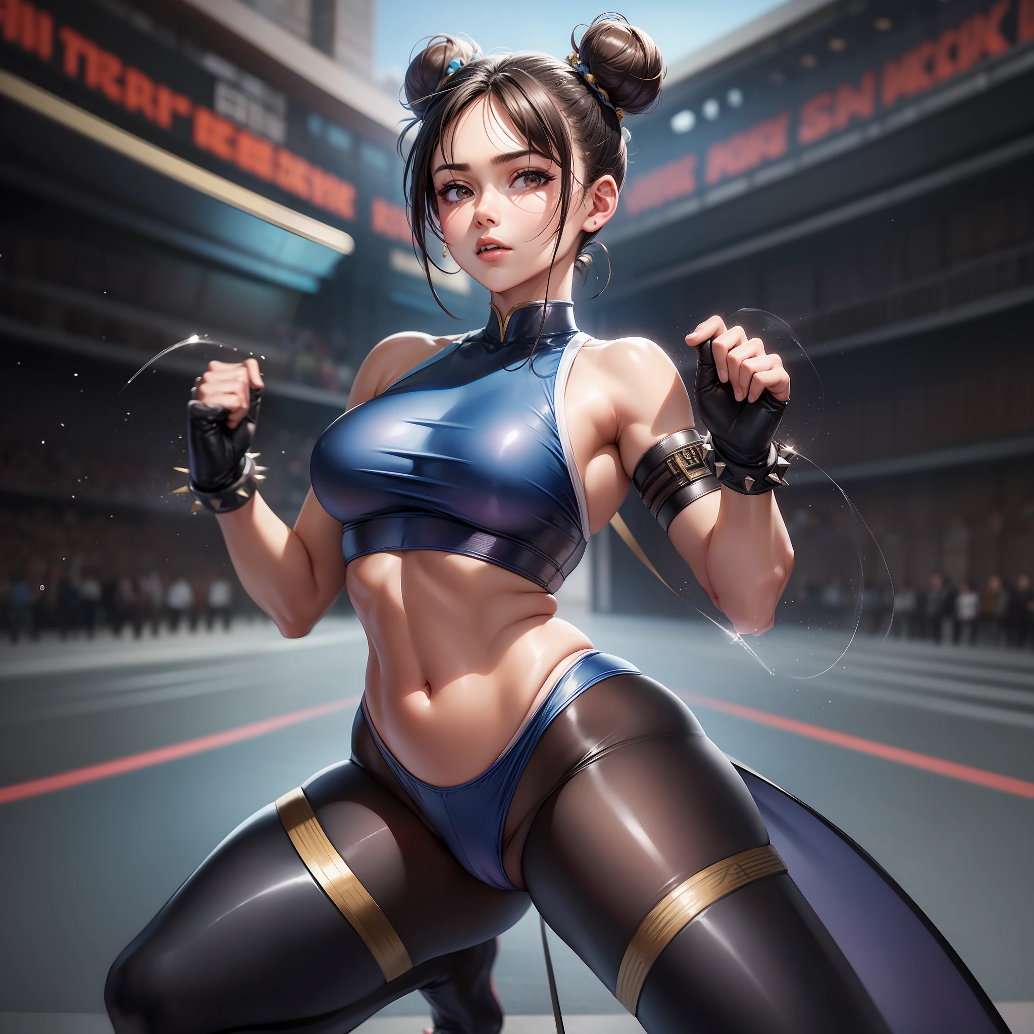 woman in her 20s, chunlims, (perfect face), defined jawline, beautiful brown eyes, beautiful lips, (short brown hair, hair bun, double bun), (perfect anatomy), (athletic body), (sexy), (thick thighs), (perfect hands), (blue cheongsam), tight blue track pants, spiky bracelets, looking at viewer, (medium full shot photograph), (fighting arena background), realistic