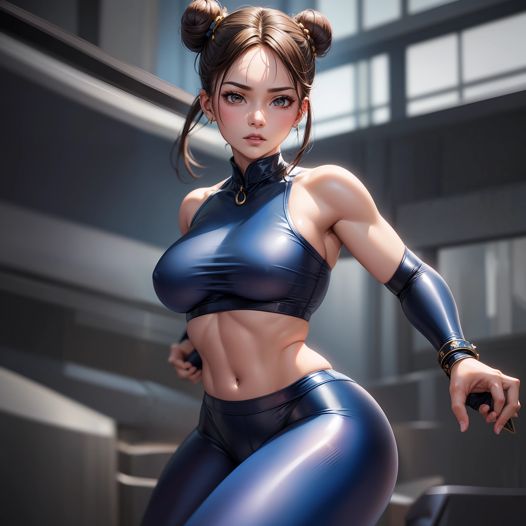 woman in her 20s, chunlims, (perfect face), defined jawline, beautiful brown eyes, beautiful lips, (short brown hair, hair bun, double bun), (perfect anatomy), (athletic body), (sexy), (thick thighs), (perfect hands), (blue cheongsam), tight blue track pants, spiky bracelets, looking at viewer, (medium full shot photograph), (fighting arena background), realistic