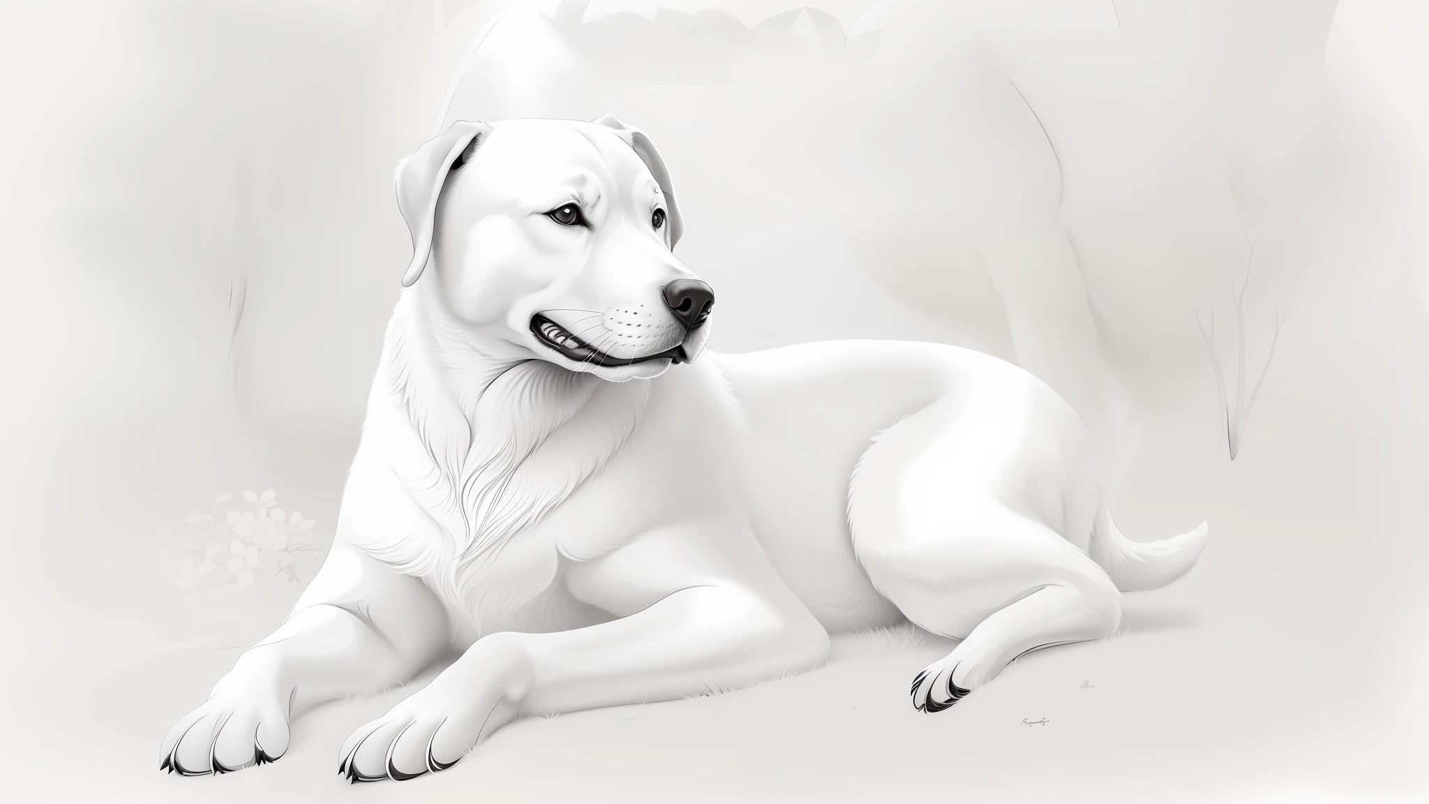 A graceful Labrador, masterpiece, best quality, lineart, monochrome, white, black and white background, coloring book for children, on paper, full page, free lines, highly detailed art line, to print, perfect anatomy.