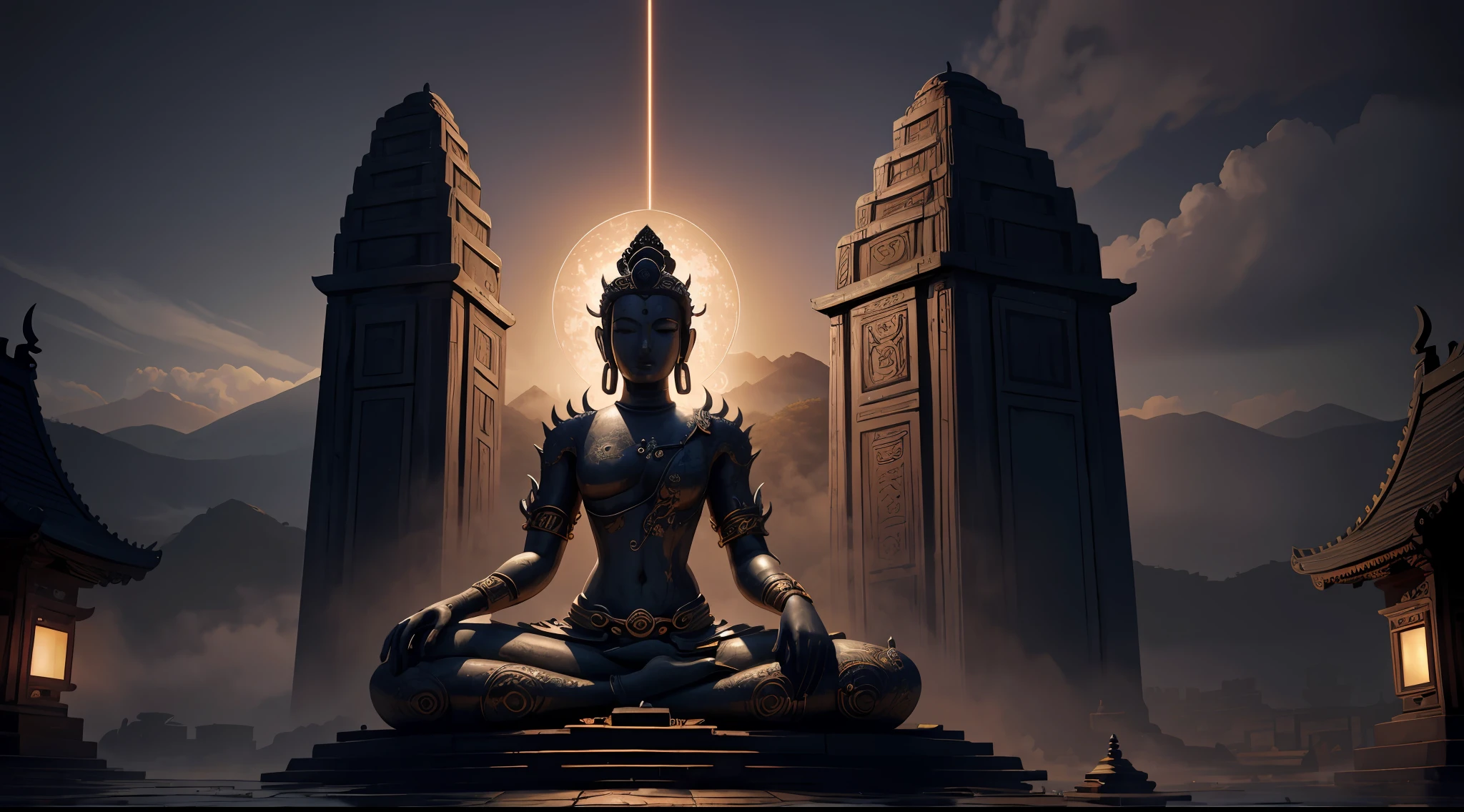 ancient landscape, bodhisattva with a thousand hands, temple, (mysterious black fog), journey to the west, ((corpse)), ((ancient monster)), (ruins), (battlefield)), (blood stain), glazed tile, Buddha statue, lantern, absurdity, realistic lighting, (abyss) masterpiece, high quality, beautiful graphics, high detail, dressed woman, extremely refined and beautiful, stunning, fine detail, masterpiece, hyperdetail, high resolution, (best illustration), (best shadow), intricate