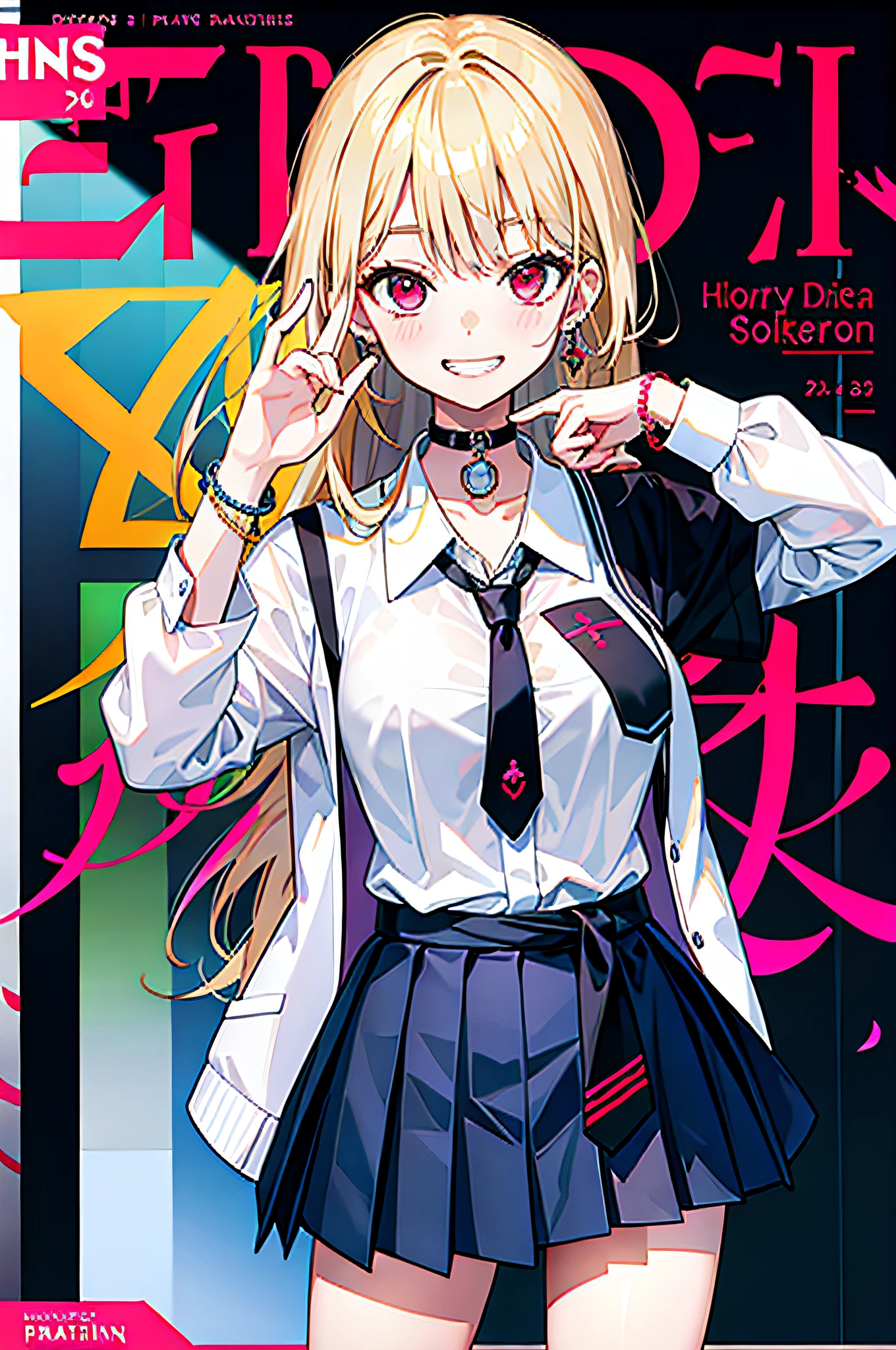 masterpiece, best quality, full body, 1girl, bangs, black choker, black necktie, blonde hair, blue skirt, blush, bracelet, breasts, choker, clothes around waist, collarbone, collared shirt, cowboy shot, dress shirt, ear piercing, eyebrows visible through hair, gradient hair, grin, gyaru, jewelry, kogal, long hair, looking at viewer, loose necktie, necktie, piercing, plaid, plaid skirt, pleated skirt, red eyes, ring, school uniform, shirt, skirt, smile, solo, white shirt, street, sky, cherry blossoms, petals,illustration, (magazine:1.3), (cover-style:1.3), fashionable, woman, vibrant, outfit, posing, front, colorful, dynamic, background, elements, confident, expression, holding, statement, accessory, majestic, coiled, around, touch, scene, text, cover, bold, attention-grabbing, title, stylish, font, catchy, headline, larger, striking, modern, trendy, focus, fashion,