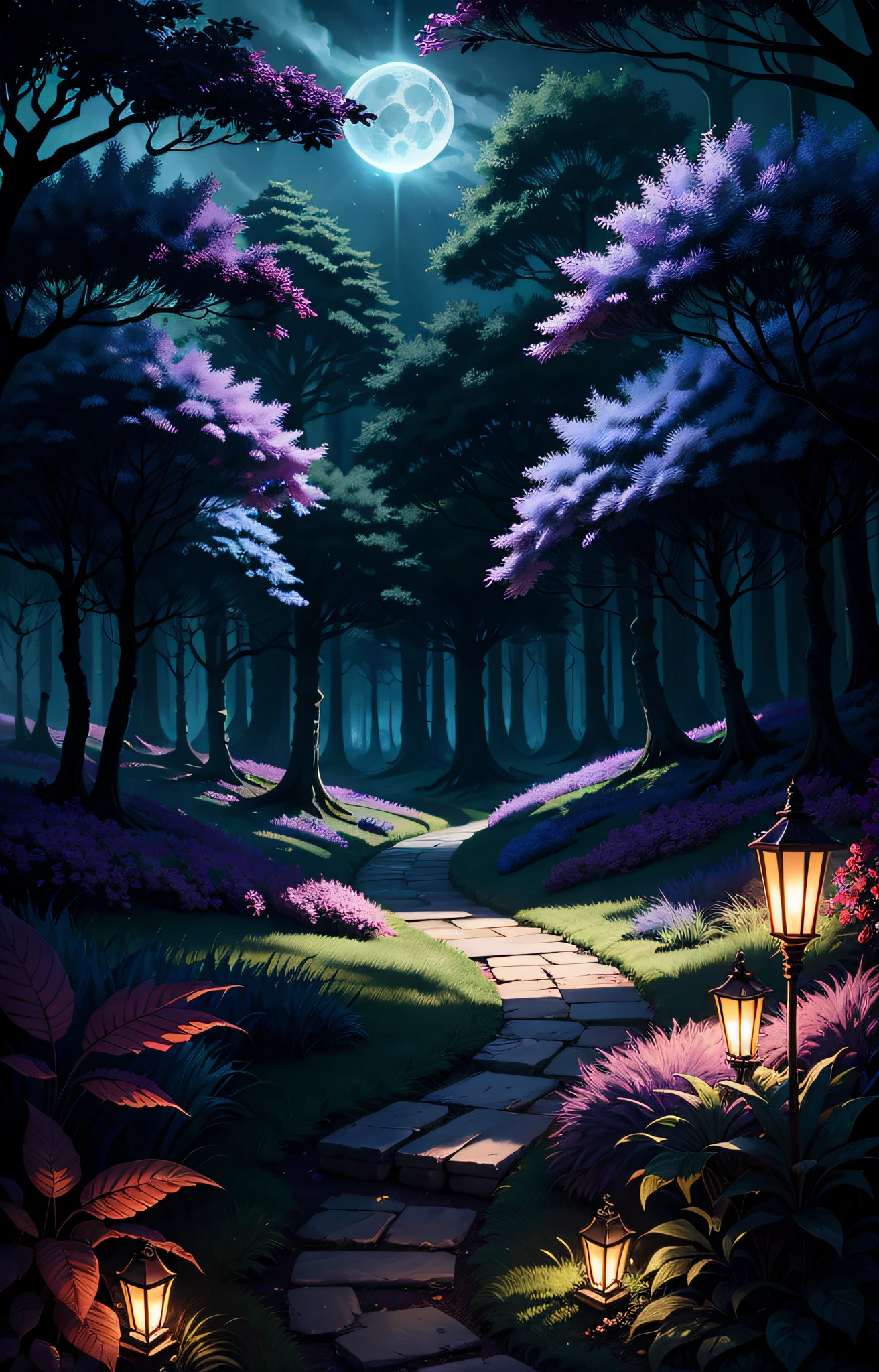 "Cheshire cat, appearing realistically, in a fantasy forest environment, at night with moonlights coming out of the forest, detailed and impressive."