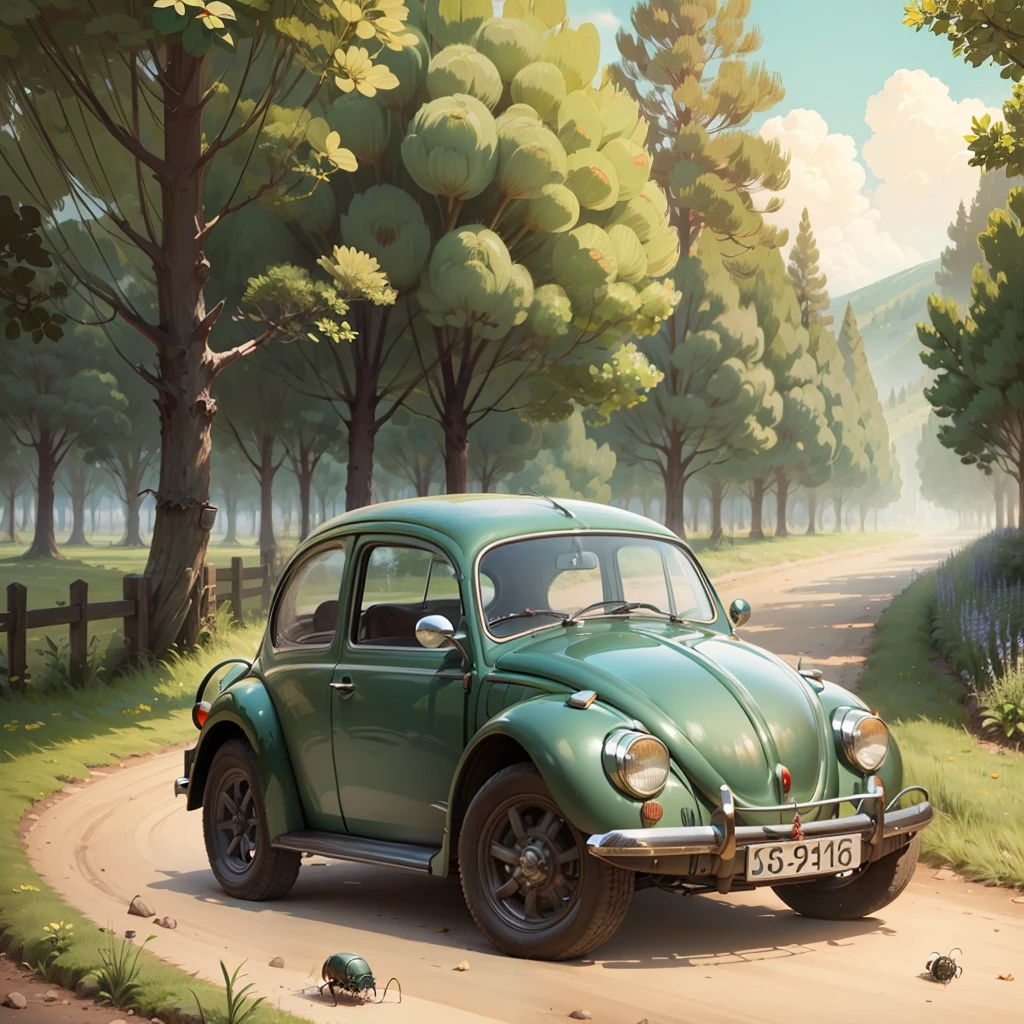 an antique Beetle, illustration, background, 2D, 2:3 --auto --s2