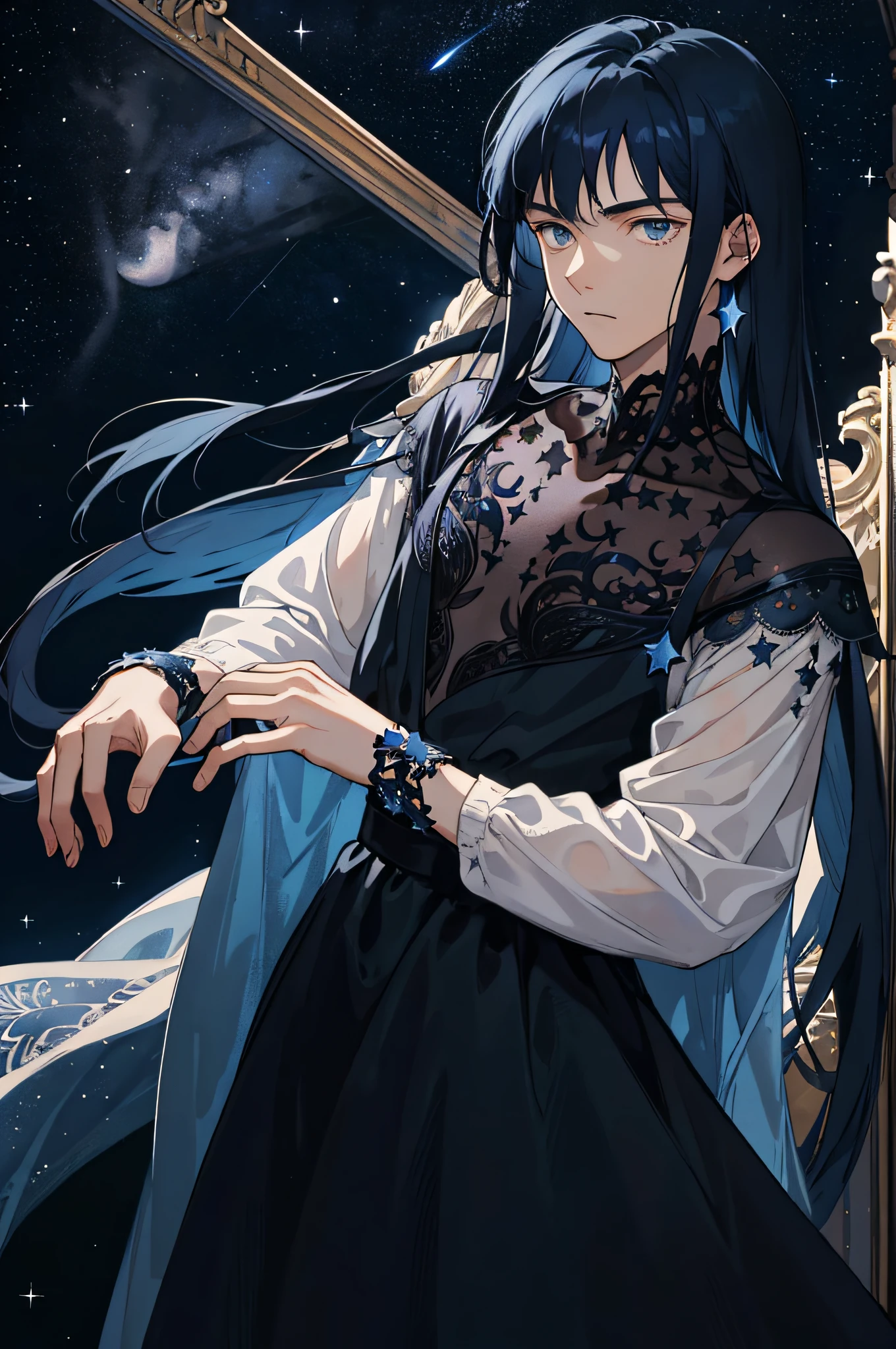 Masterpiece, best quality, teenager, male, long dark blue hair, straight hair, Qi bangs, expressionless, intricate details, delicate princess dress, dark night, starry sky, stars, black, blue, black background