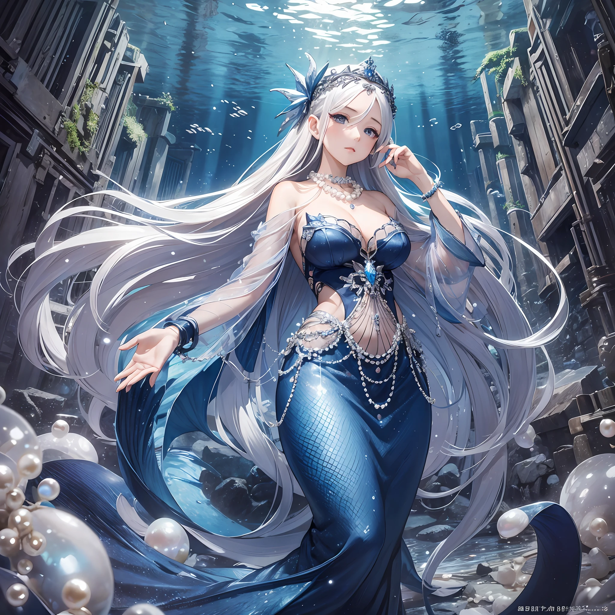 Masterpiece, Old, female, long Silver hair, mermaid headband and pearl necklace, Slanted eyes, blue navy sexy open dress, Stand in an underwater Forward city, serious expression, with a sharp gaze, beautiful face, zoom out, full body