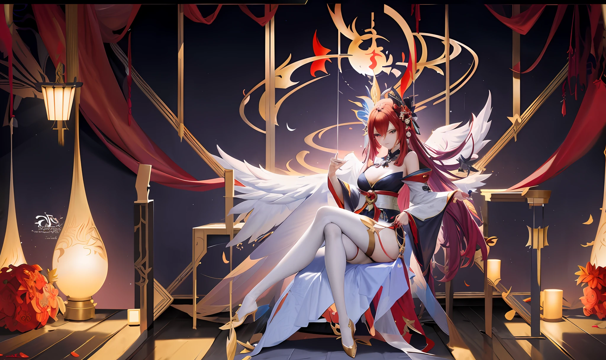 anime - style scene of a woman sitting on a throne with wings, onmyoji detailed art, onmyoji, ''wallpaper of a phoenix resting, best anime 4k konachan wallpaper, from arknights, trending on artstation pixiv, anime art wallpaper 8 k, rias gremory, azur lane style, 8k high quality detailed art