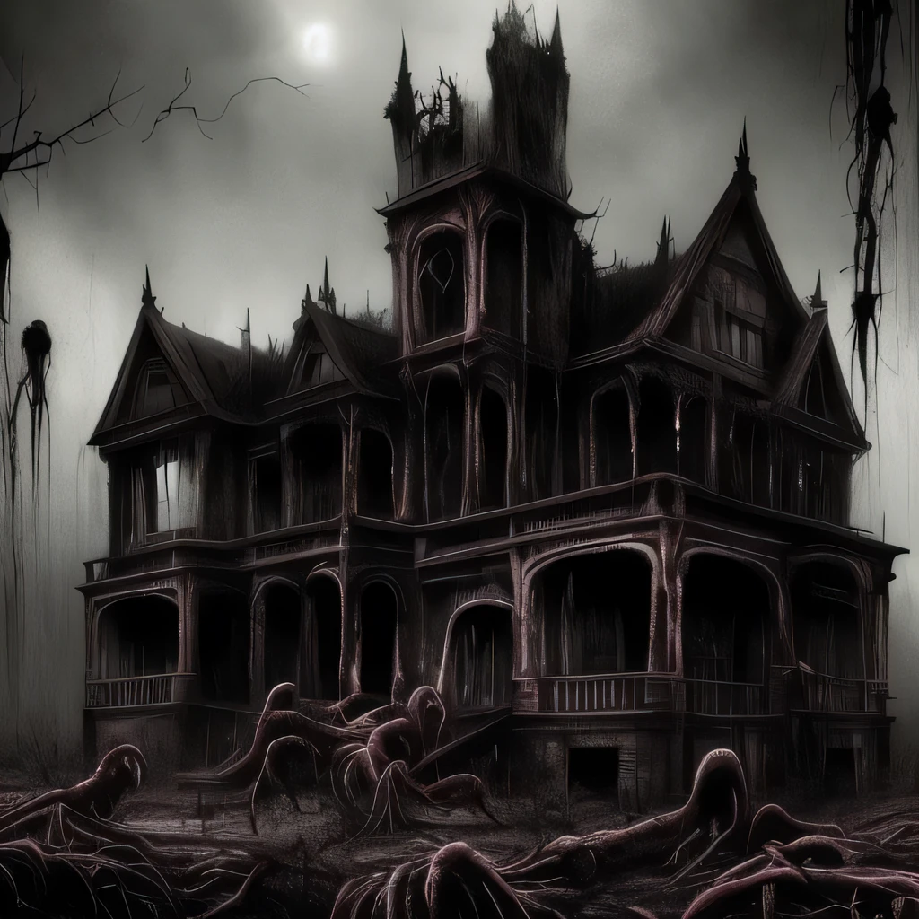 A disgusting lanky plant monster stands above a large Victorian mansion, found footage, blood dripping, hellish, tainted, terrifying, horror, redacted, dark, human experiment, hideous, teeth, tongues, sinister, hostile, malevolent energy, pathogenic mutation, biological, nightmare, rusty, grunge, helpless, moody, desperate, strange, humanoid, aberration, death, lonely, ominous, horror, dramatic, atmospheric, high detail, zoomed out, long shot,
