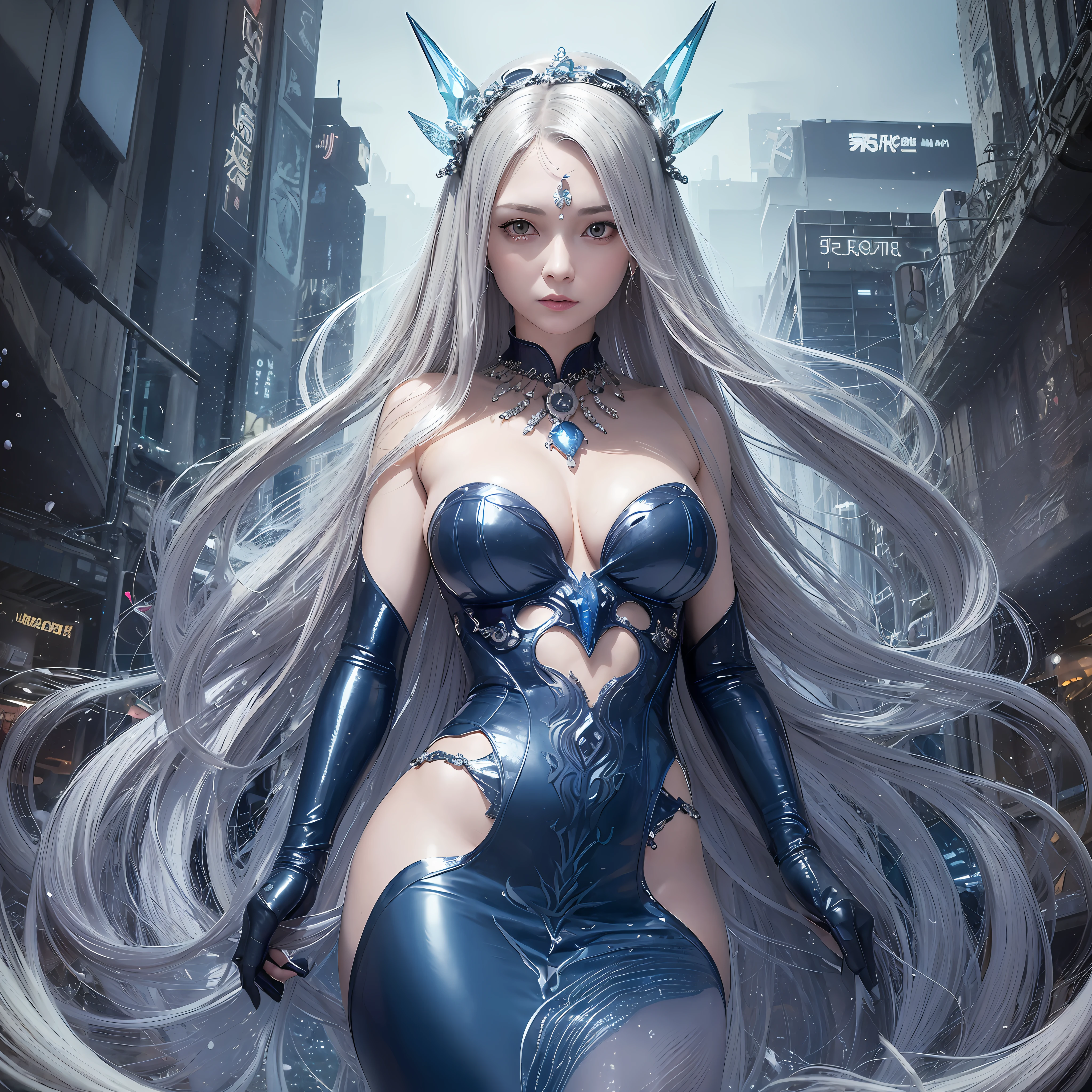 Masterpiece, Old, female, long Silver hair, mermaid headband and pearl necklace, Slanted eyes, blue navy sexy open dress, Stand in an underwater cyberpunk city, serious expression, with a sharp gaze, beautiful face, zoom out