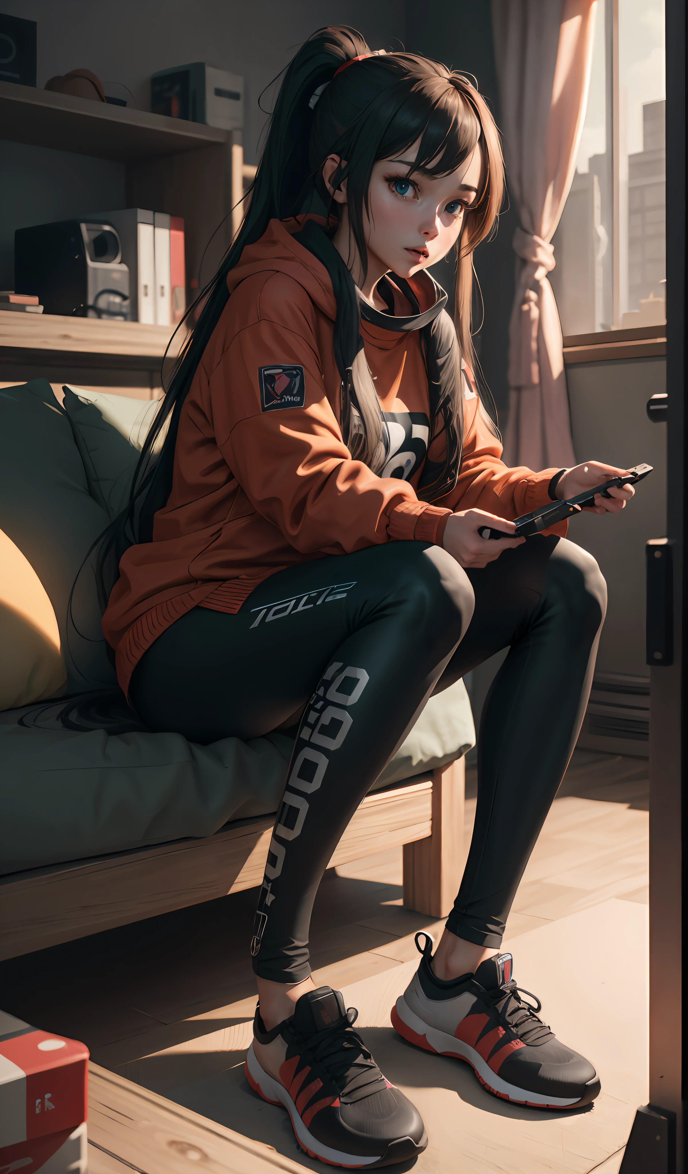 4k, realistic, very detail, there is a girl playing game, she is a pro player, gamer theme, soft clothes, long hair, wearing legging, 25 years old, full body