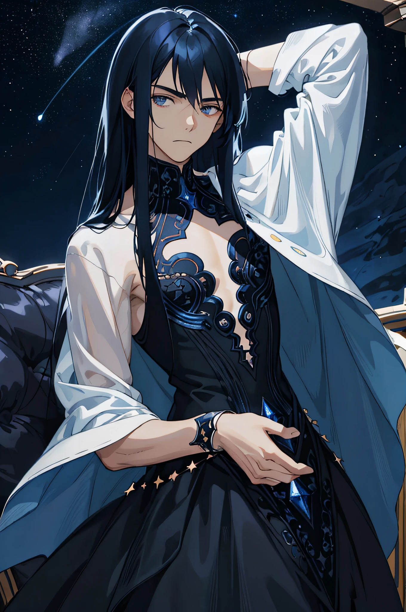 Masterpiece, best quality, ager, male, long dark blue hair, straight hair, Qi bangs, indifferent expression, intricate details, delicate princess dress, dark night, starry sky, stars, black, blue, black background