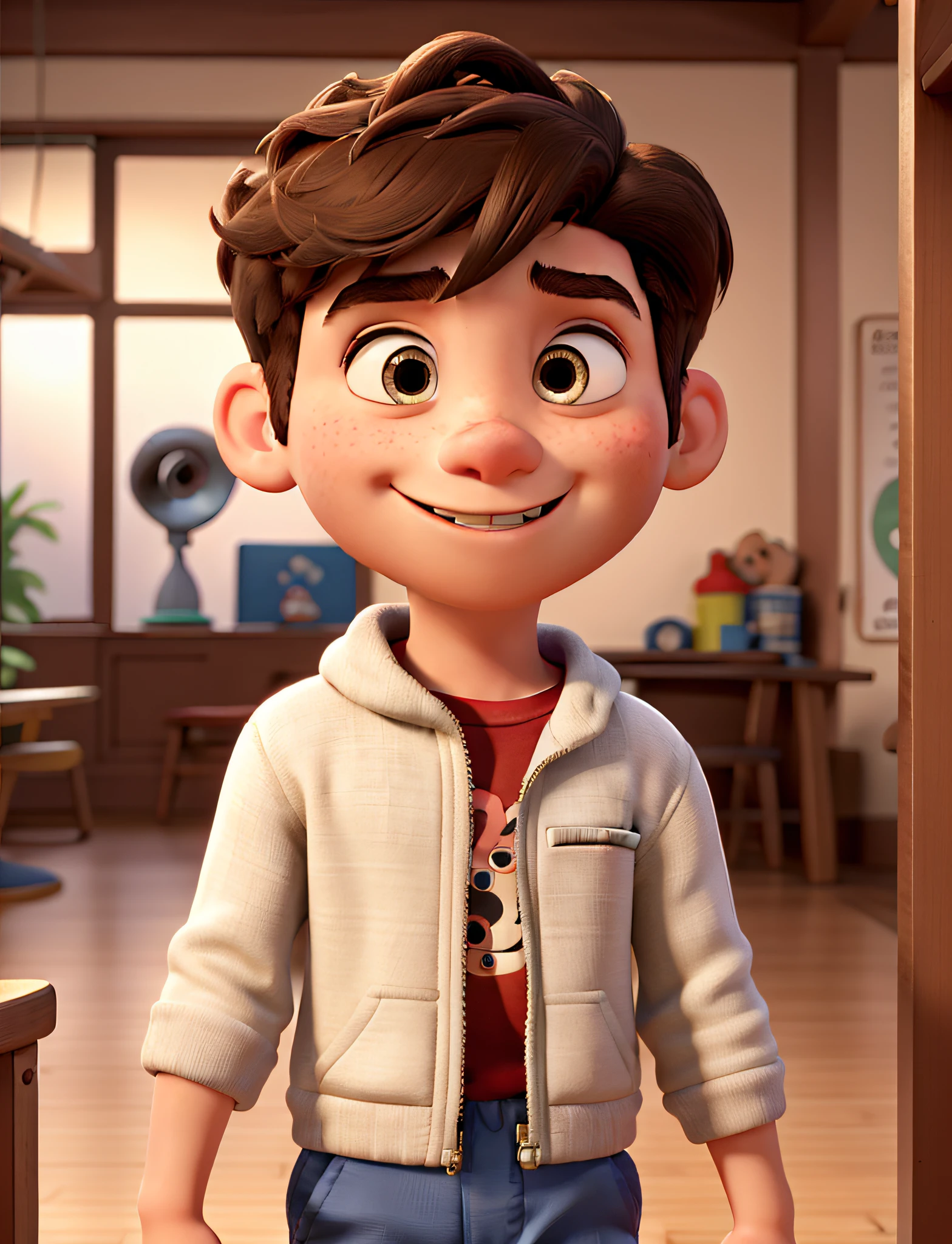 (Pixar 1.23 style) 1 boy ((upper body front, bust shot)), solo, cute kid, brunette, pretty tracksuit, boy, korean child, playground, ((masterpiece, highest quality)), (composite lighting)