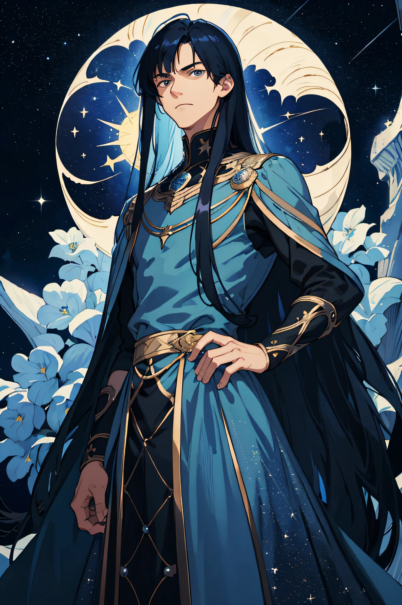 Masterpiece, best quality, teenager, male, long dark blue hair, straight hair, Qi bangs, indifferent expression, intricate details, delicate princess dress, dark night, starry sky, stars, black, blue, black background