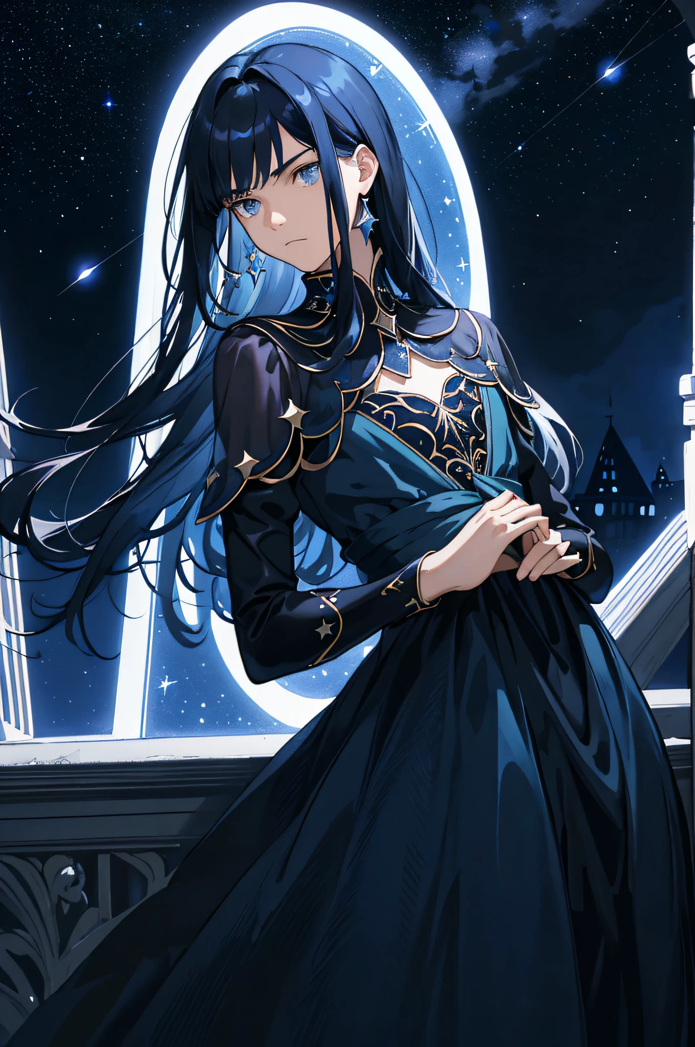 Masterpiece, best quality, teenager, male, long dark blue hair, straight hair, Qi bangs, indifferent expression, intricate details, delicate princess dress, dark night, starry sky, stars, black, blue, black background