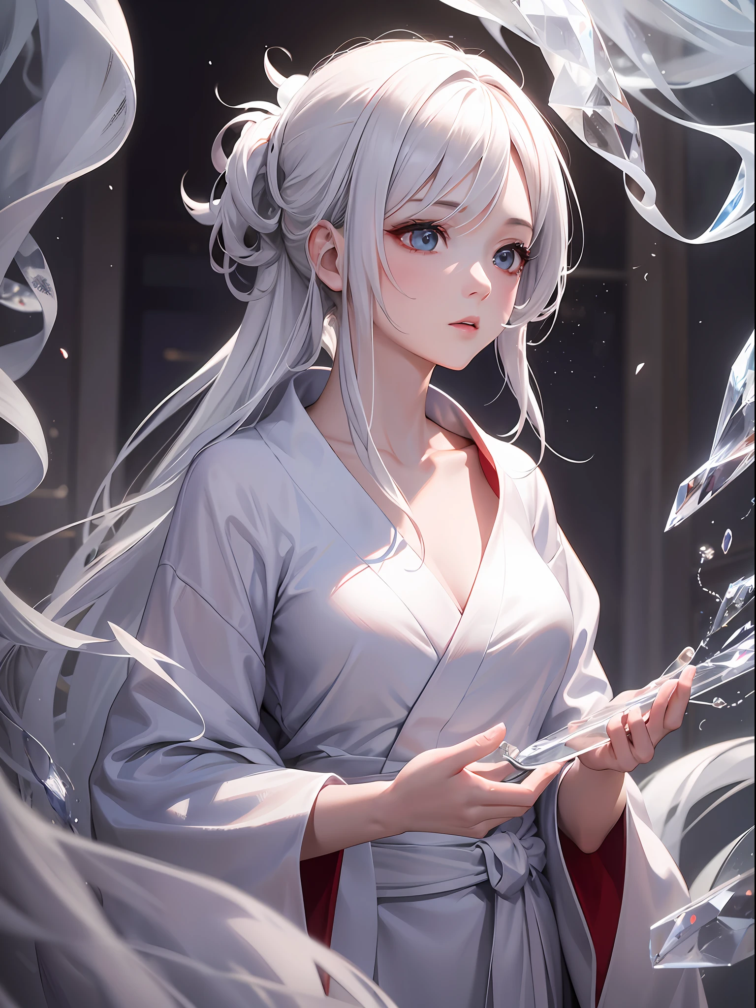 masterpiece, 8K, highest quality, best image quality, smoke effect, white, white, 1 girl, white hair smooth straight, white yukata, deep composition, very complex structure, crystal effect,