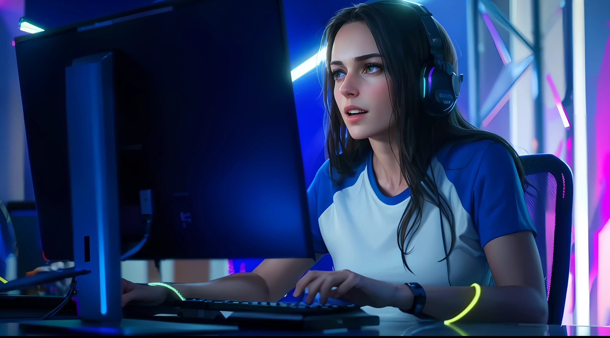 Donkey, face hyper-realism detailed, face caricature, (playing game in the game room), R-cup chest, full body, (use earphone rgb), Very detailed, 8k, dark tone, dark shadow, glow in the dark, color rating of games, (HDR, UHD, 64k, best quality, RAW photography, best quality, best quality, masterpiece: 1.5), UHD, hd, 64k, hyperrealism, Very detailed, full body, hyper-realism, Very detailed, in hyper-realistic detail, A detailed hyper realistic full body image, highly detailed, digital painting, Trend in artstation, HD quality