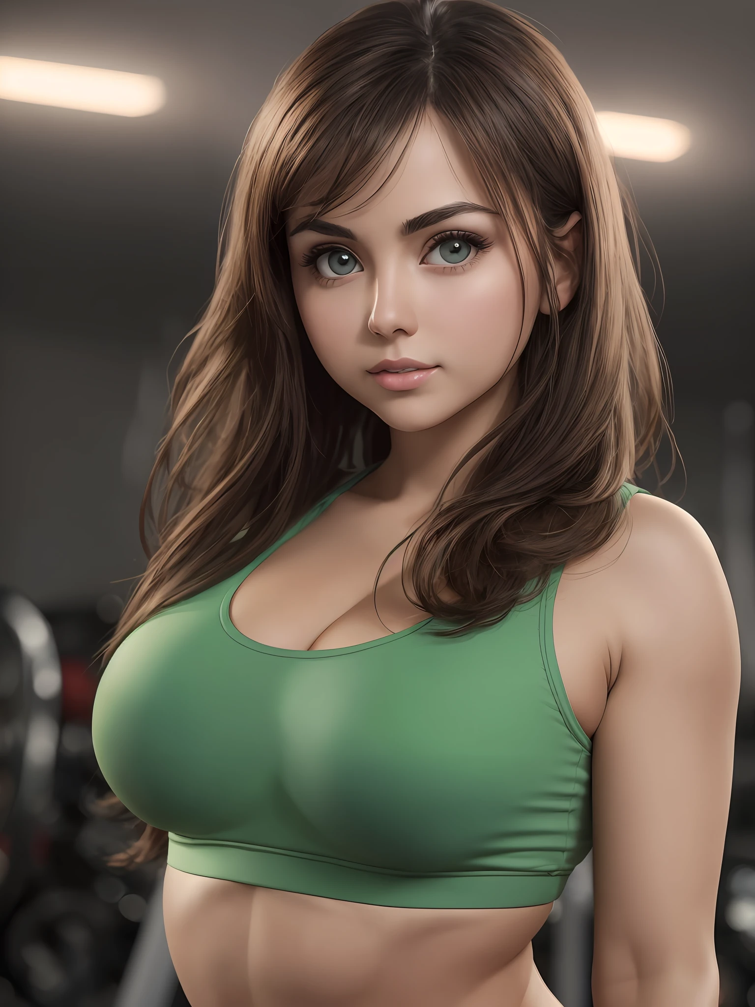 beautiful woman, brunette with round face, big eyes with a beautiful glow, normal body, doing exercises in the gym, reality, photo taken by extremely realistic Canon camera, very high quality and high definition --auto --s2