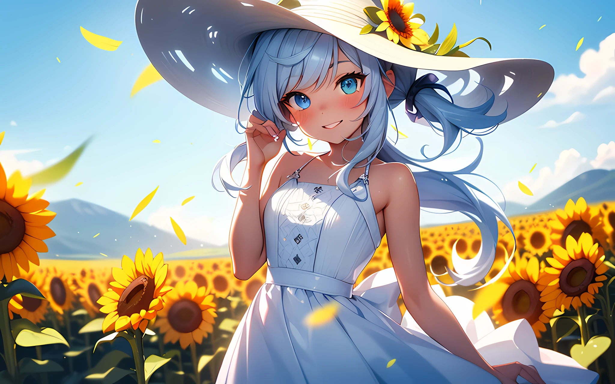 masterpiece, Top Quality, Photorealistic, Ultra Detailed, Delicate, Orderly, High Detail, Bluish-Silver Ponytail, (drooping heterochromia iris:1.3),Children,10 years old, Embarrassing,Smile,Slender,Cowboy shot, Blurred background,(One girl),Game CG,Dynamic Angle,(Bioluminescent hair,Glowing eyes:1.2), ambient occlusion, ambient light, ray-traced reflection, glow, glowing aura, glowing hair, sunflower field, white dress, straw hat, fluttering petals, wind,