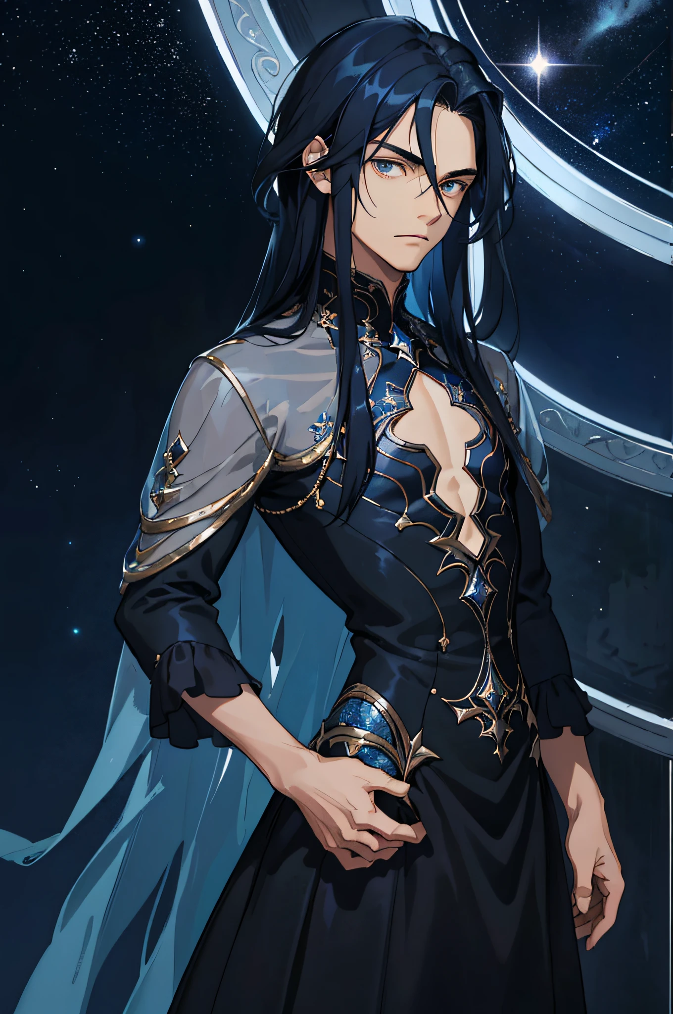 Masterpiece, best quality, teenager, male, long dark blue hair, straight hair, Qi bangs, indifferent expression, intricate details, delicate princess dress, dark night, starry sky, stars, black, blue, black background