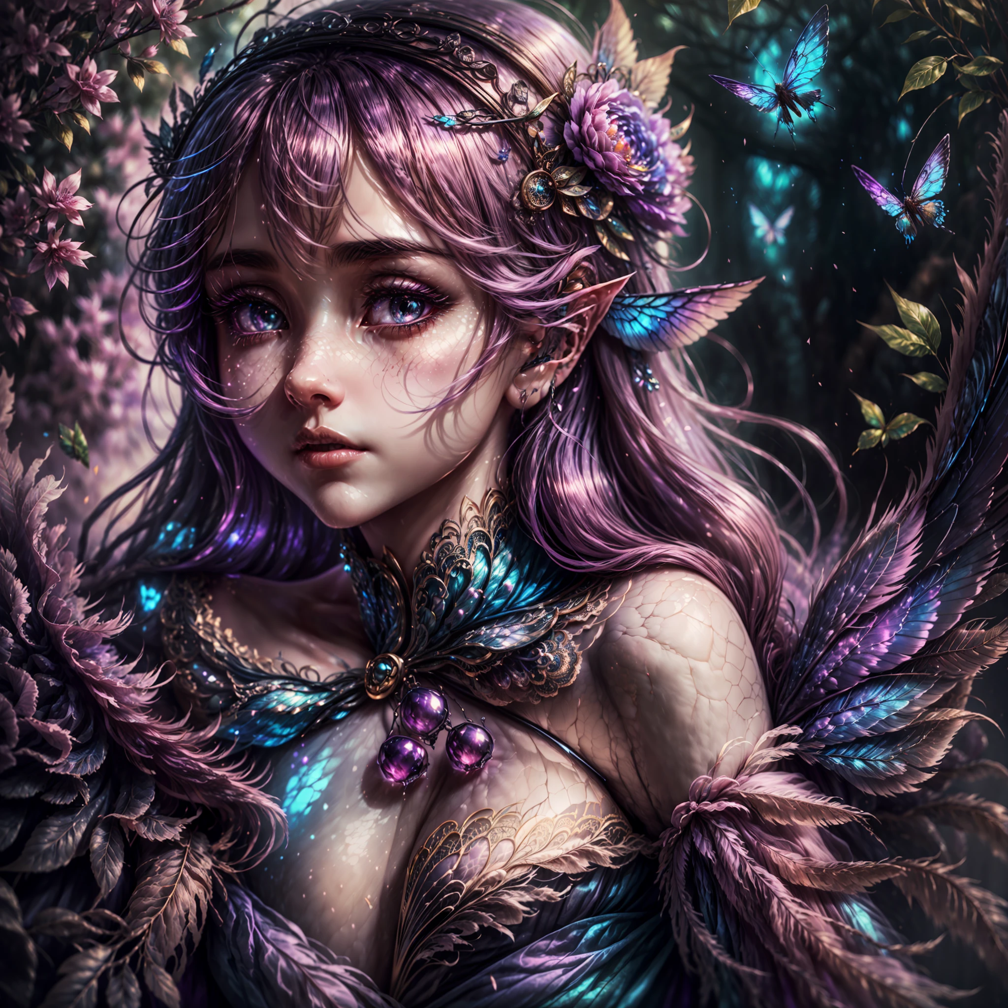 beautiful fae with a dress made of soft gossamer feathers and silk, beautiful iridescent wings, highly detailed wings, head and torso visible, interesting pretty background, fantasy, mythic fantasy, fairytale fantasy, (hires eyes), big eyes, beautiful eyes, shimmering background, 1 woman, 1 face, flying birds and butterflies, gossamer details, (iridescent details), silk and chiffon dress, ultra detailed, adult person, intricate, ornate, pink and purple and blue and pastel color scheme, rich colors, volumetric lighting, delicate intricate circlet, dynamic and interesting composition