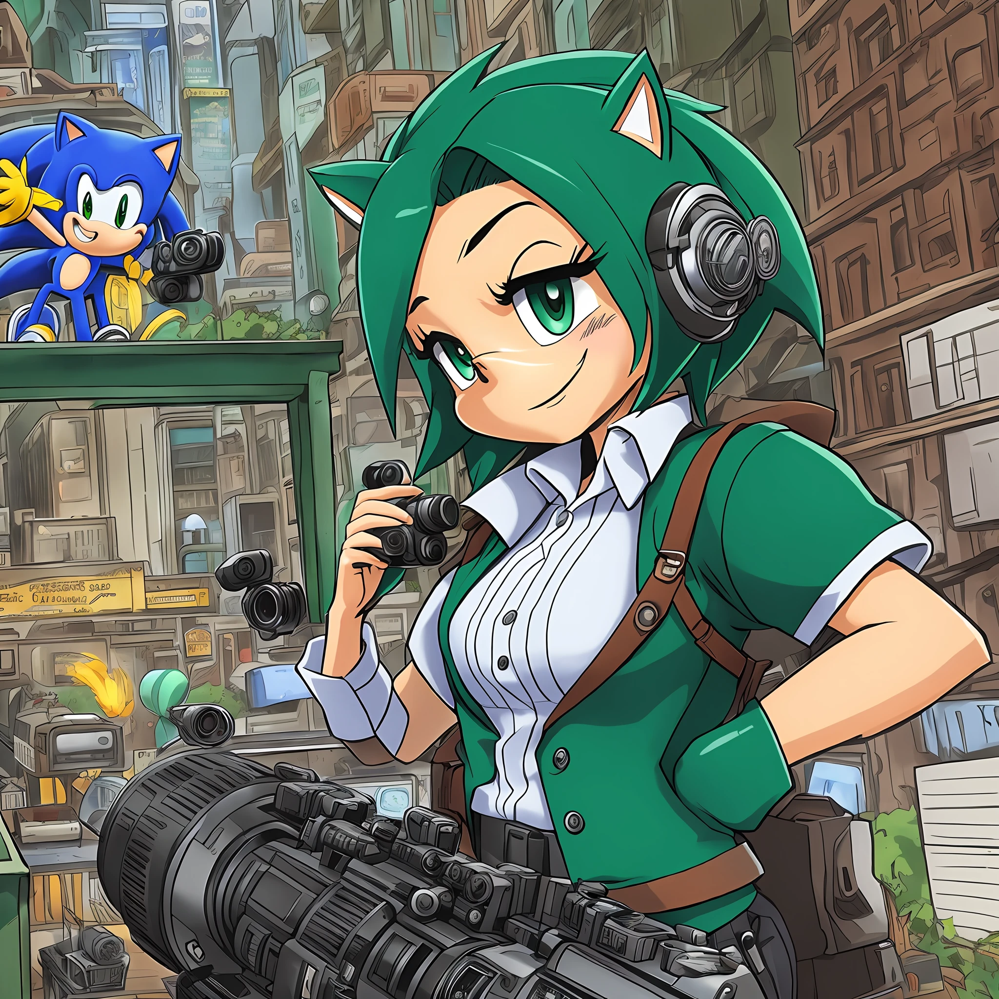 sonic the hedgehog dressed as a reporter together with amy rouse with a camera, with a sarcastic look against the background of the green hill zone. --auto --s2