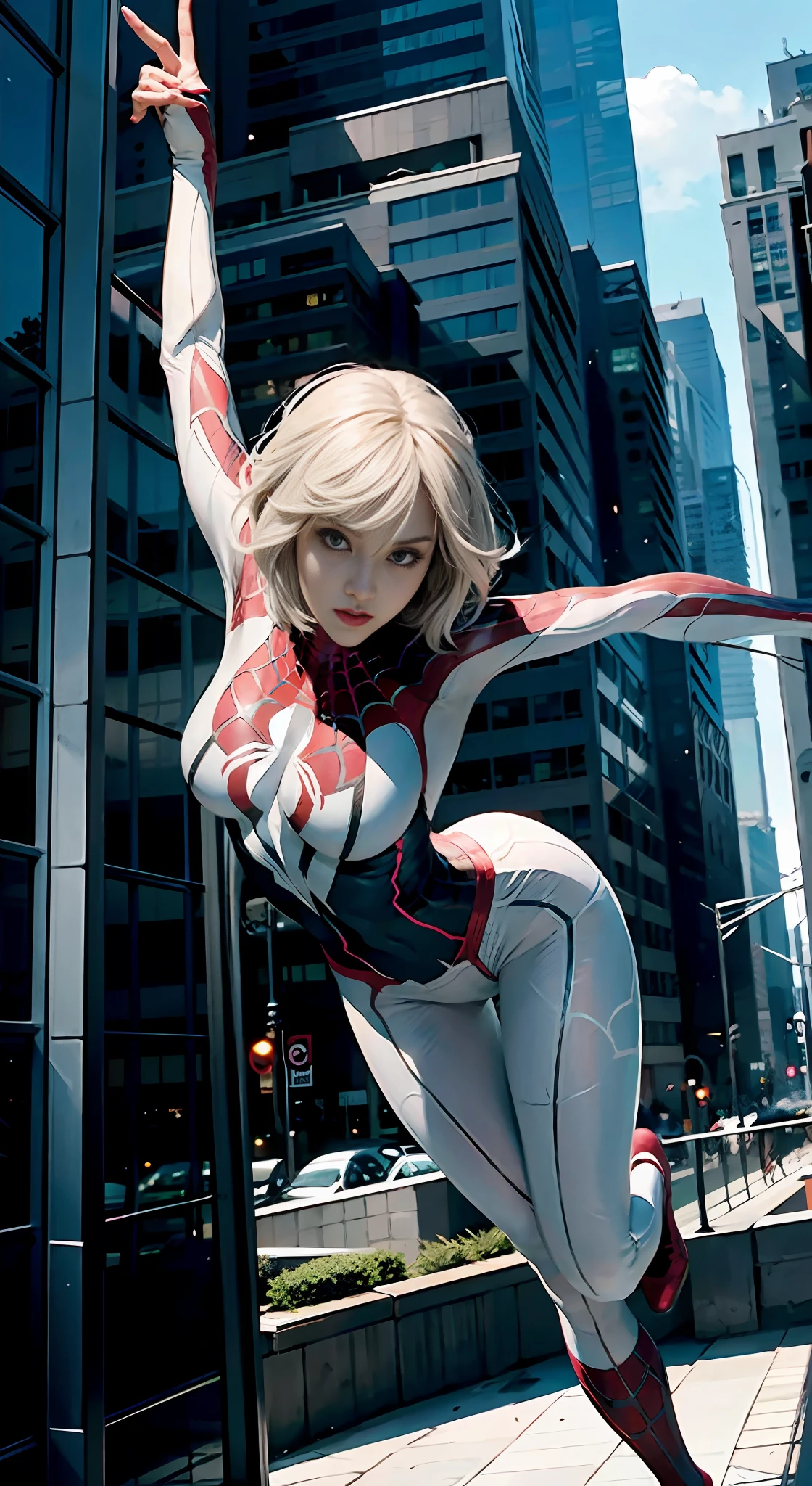 Spider-Gwen soaring through tall buildings in a dynamic pose, perfect anatomy, beautiful face, big chest, amazing lighting.