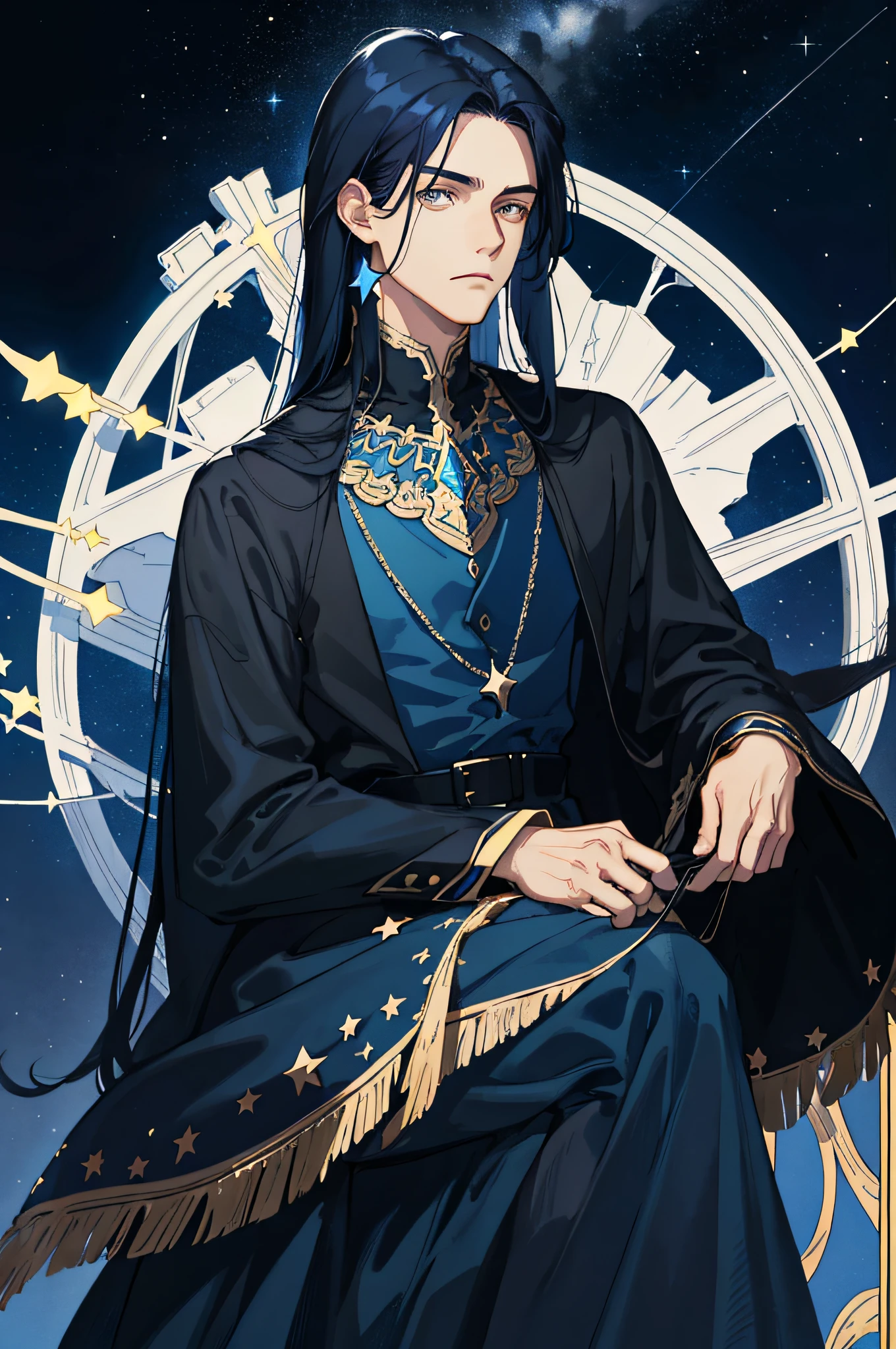 Masterpiece, best quality, teenager, male, long dark blue hair, straight hair, Qi bangs, indifferent expression, intricate details, delicate princess dress, dark night, starry sky, stars, black, blue, black background