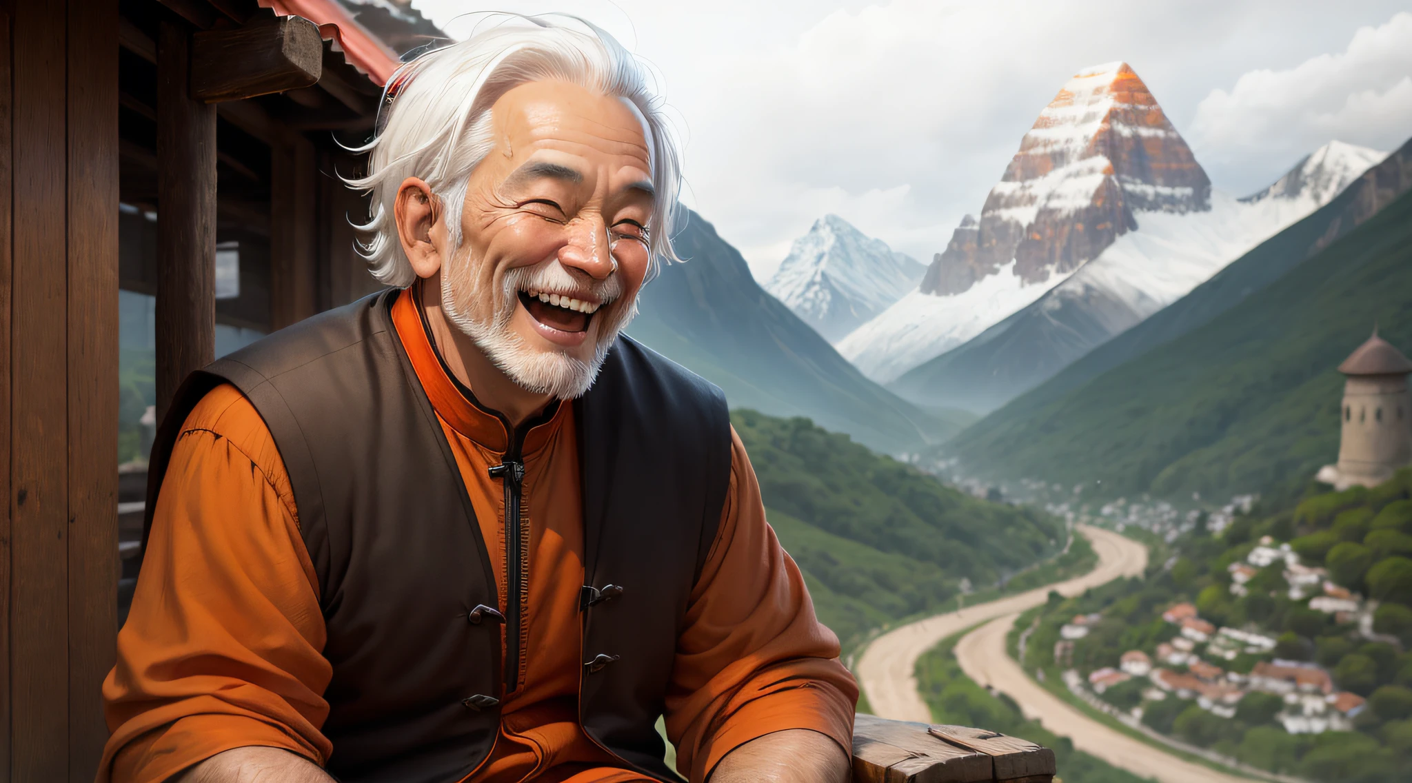Old monk, man, orange clothes, laughing, small, thinning and white hair, mountain background