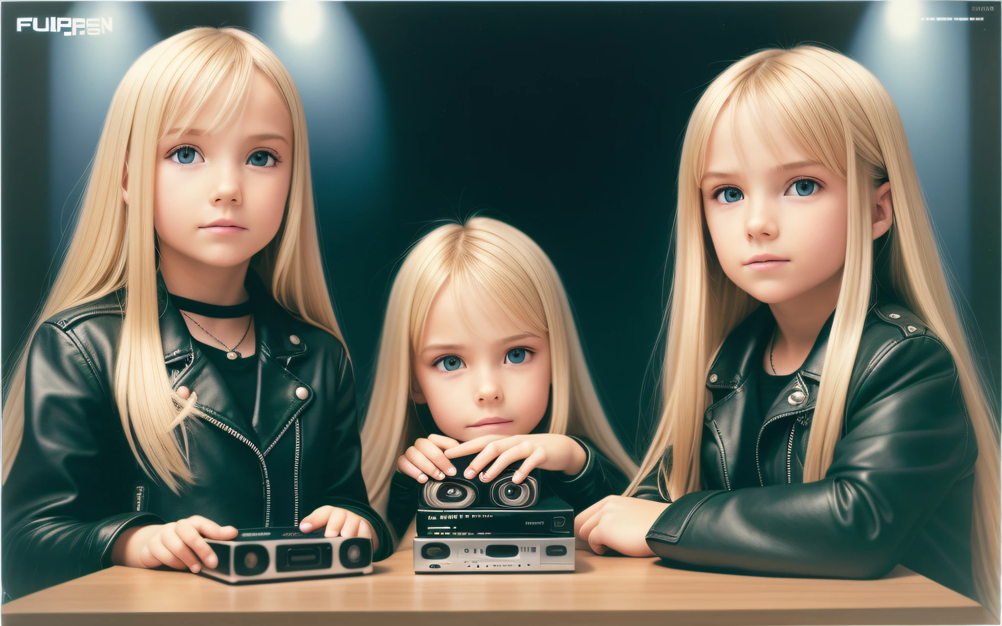 3 BLONDE GIRLS LONG HAIR CHILDREN IN LEATHER JACKET, A closeup of a CD and a CD box on a table, Packshot, CDs, CD Jacket, DVD Package, Medium Close Shot, Detailed Product Image, Medium Wide Shot, Medium Closeup, Close Medium Shot, New Boards of Canada album cover, soft vinyl, round format,  Boards of Canada album cover, BLU - Ray Transfer 5 K, Fujifilm"