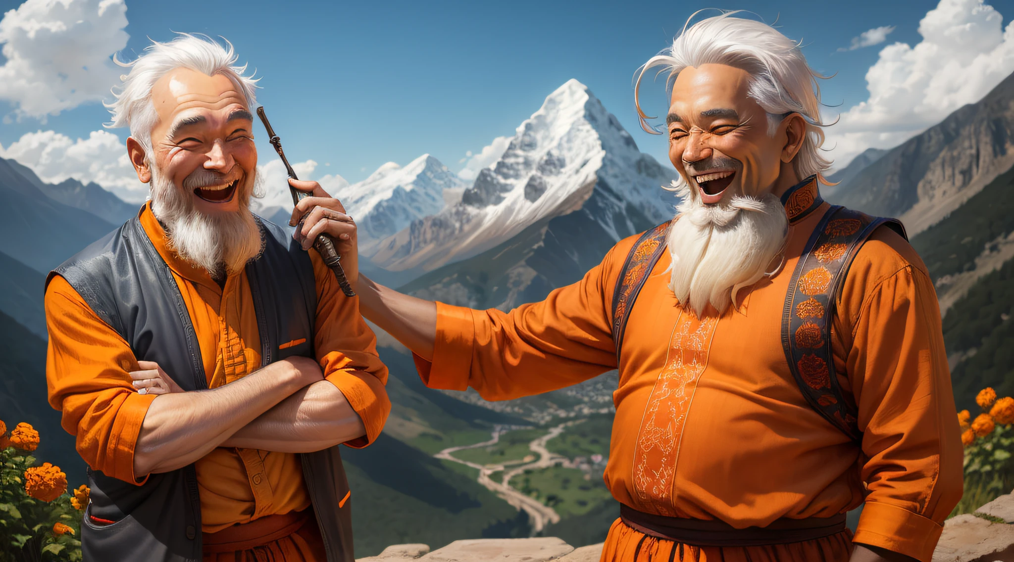Old monk, man, orange clothes, laughing, small, thinning and white hair, mountain background