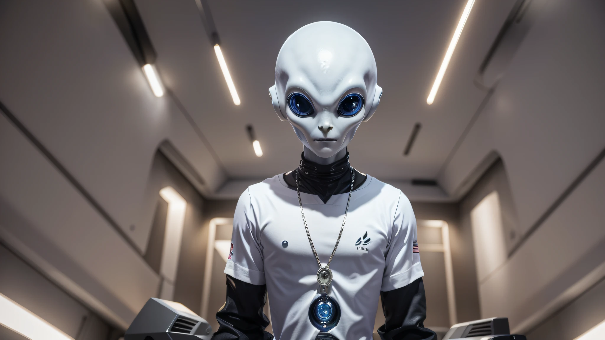 An alien, with albino and realistic skin, large head, short and thin neck, very large eyes and all black, which reflects the local lighting, a nose similar to that of humans but small, a mouth similar to that of humans but small, the body is thin and thin, the alien wears a white sleeve shirt with a letter made of small silver that appears to the right represented within a triangle of the same size, the clothing is inspired by the clothes used for surfing, the color to be used is red, pink chock and blue, as well as details of the environment, and manufactured with neoprene fabric, it is possible to notice a silver necklace hanging from his neck, with a pinjente in the triangular shape with an eye that sees everything in the center as a symbol. the alien is in a recording studio whose scenery is minimalist and features a gray background in gradient hue to circular white, the camera captures the image from the waist up, the alien presents friendly and light expressions, the alien interact with the camera always with a slight smile of satisfaction and tranquility,  The skin used and all the elements are of extreme realism, especially the skins, the lighting is an illumination inspired by the 80s.