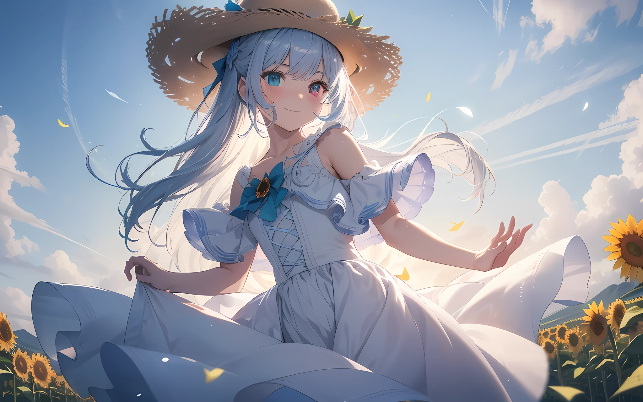 masterpiece, Top Quality, Photorealistic, Ultra detailed, Delicate, Orderly, High Detail, Bluish-silver ponytail, (drooping heterochromia iris:1.3),Children,10 years old, Embarrassing,Smile,Slender,Cowboy shot, Blurred background,(One Girl:1.1),Game CG,Dynamic Angle,(Bioluminescent hair,Glowing eyes:1.2), ambient occlusion,ambient light,ray-traced reflection, glow,glowing aura,glowing hair,sunflower field,white dress,straw hat,fluttering petals,wind,blue sky