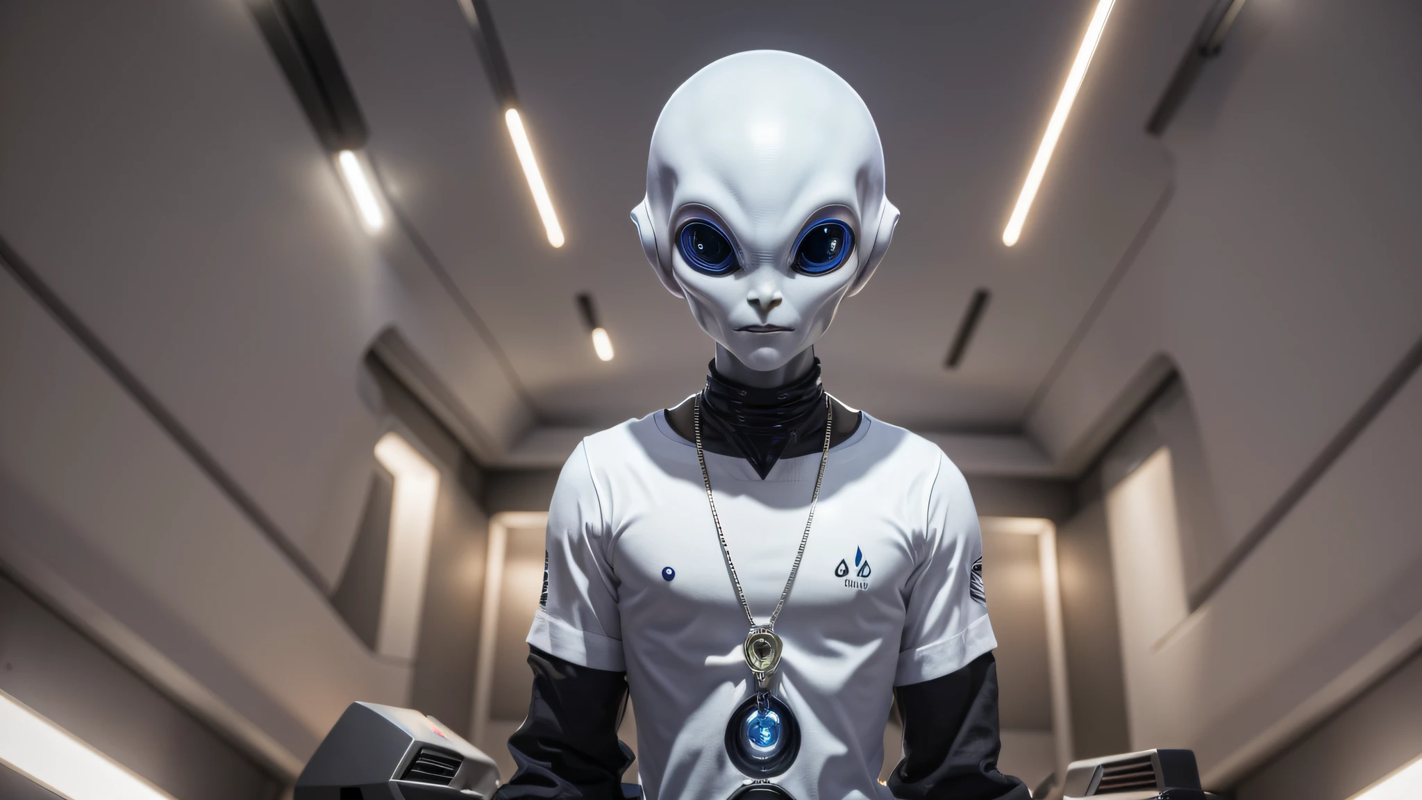 An alien, with albino and realistic skin, large head, short and thin neck, very large eyes and all black, which reflects the local lighting, a nose similar to that of humans but small, a mouth similar to that of humans but small, the body is thin and thin, the alien wears a white sleeve shirt with a letter made of small silver that appears to the right represented within a triangle of the same size, the clothing is inspired by the clothes used for surfing, the color to be used is red, pink chock and blue, as well as details of the environment, and manufactured with neoprene fabric, it is possible to notice a silver necklace hanging from his neck, with a pinjente in the triangular shape with an eye that sees everything in the center as a symbol. the alien is in a recording studio whose scenery is minimalist and features a gray background in gradient hue to circular white, the camera captures the image from the waist up, the alien presents friendly and light expressions, the alien interact with the camera always with a slight smile of satisfaction and tranquility, The skin used and all the elements are of extreme realism, especially the skins, the lighting is an illumination inspired by the 80s.