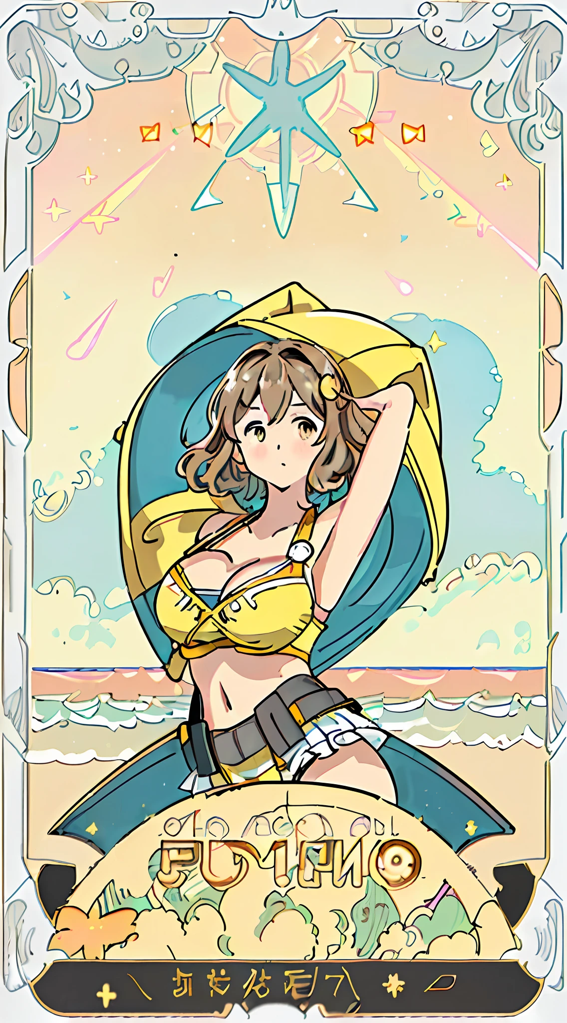 (Pastel Color Palet),, ((Stretching arms behind back)), ((yellow bikini, big breast))(((masterpiece))),((((best quality))), illustration, 1 girl, Flamingo Fluffy hair, Brown hair, hairstyle fax, light golden eyes, environment change scene, Hairstyle Fax, Pose Zitai, Female, Starry sky, Charturnbetalora, (simple background, beach scenery background: 1.3), --6