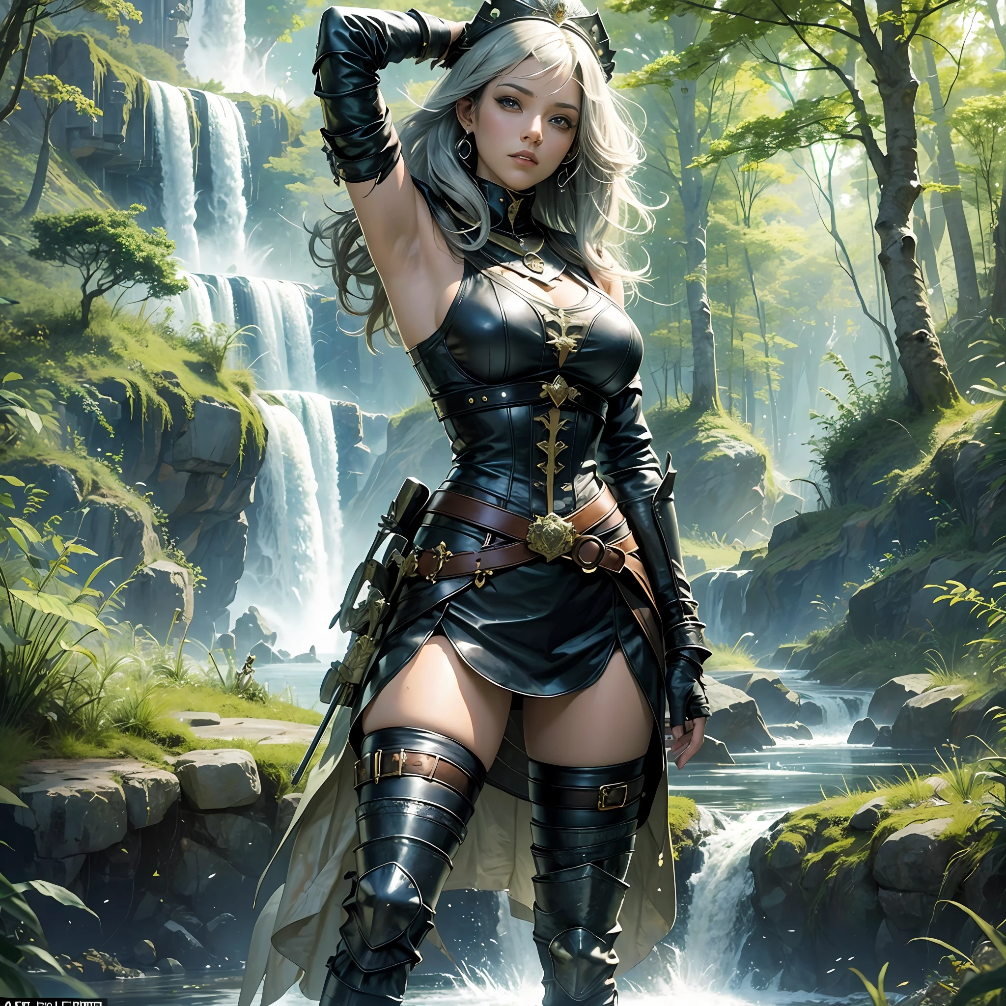 SCOTT THE PRINCESS:
Princess Scott, black, tall stature, medium breasts, strong arms, not wide hips, long thick legs, short hair, black and piercing eyes, medieval warrior clothes, detailed leather skirt close to the knee, dug and tight blouse, on in his right hand a long sword, in his left hand a round shield, on his head a shining silver helmet, standing in a fighting position, with his back to a waterfall, which formed a large river, with trees and bushes, on both banks , --auto --s2