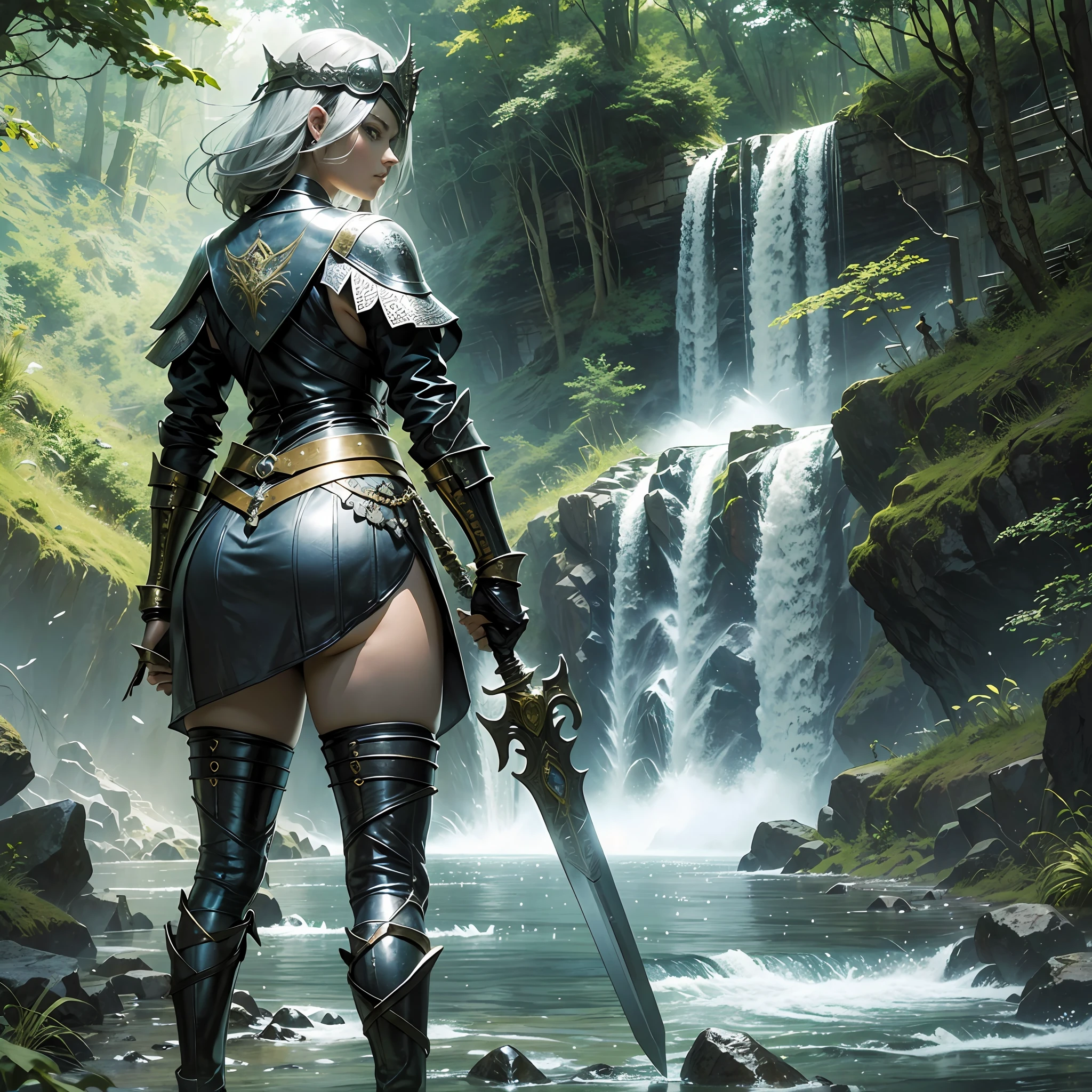 SCOTT THE PRINCESS:
Princess Scott, black, tall stature, medium breasts, strong arms, not wide hips, long thick legs, short hair, black and piercing eyes, medieval warrior clothes, detailed leather skirt close to the knee, dug and tight blouse, on in his right hand a long sword, in his left hand a round shield, on his head a shining silver helmet, standing in a fighting position, with his back to a waterfall, which formed a large river, with trees and bushes, on both banks , --auto --s2