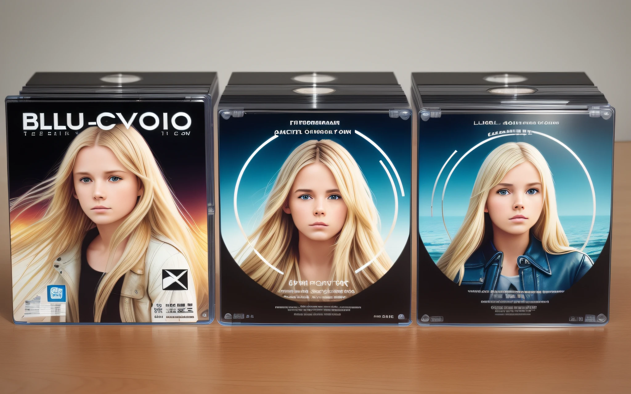 3 BLONDE GIRLS LONG HAIR CHILDREN IN LEATHER JACKET, A closeup of a CD and a CD box on a table, Packshot, CDs, CD Jacket, DVD Package, Medium Close Shot, Detailed Product Image, Medium Wide Shot, Medium Closeup, Close Medium Shot, New Boards of Canada album cover, soft vinyl, round format, Boards of Canada album cover, BLU - Ray Transfer 5 K, Fujifilm"