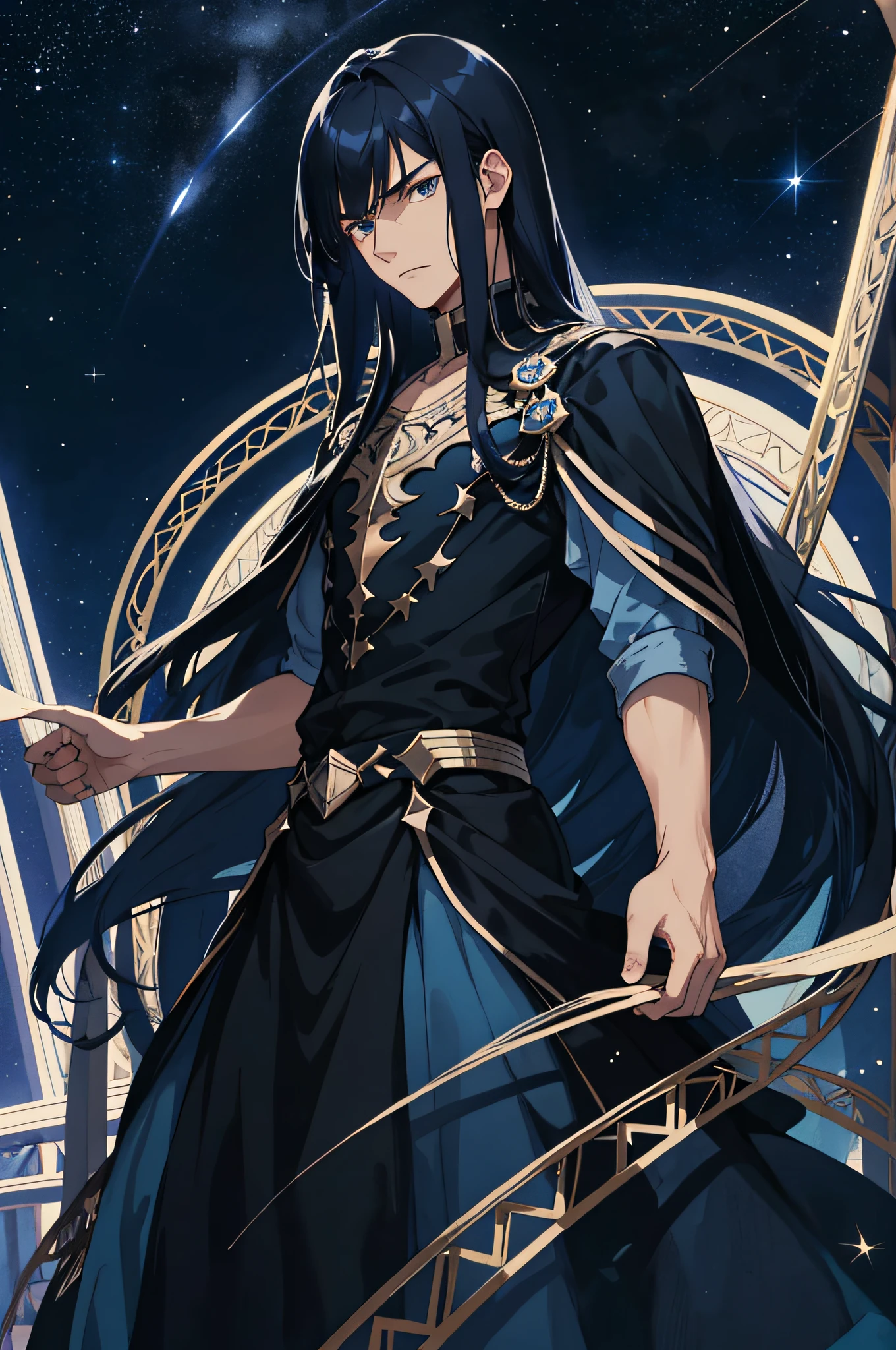 Masterpiece, best quality, ager, male, long dark blue hair, straight hair, Qi bangs, indifferent expression, intricate details, delicate princess dress, dark night, starry sky, stars, black, blue, black background