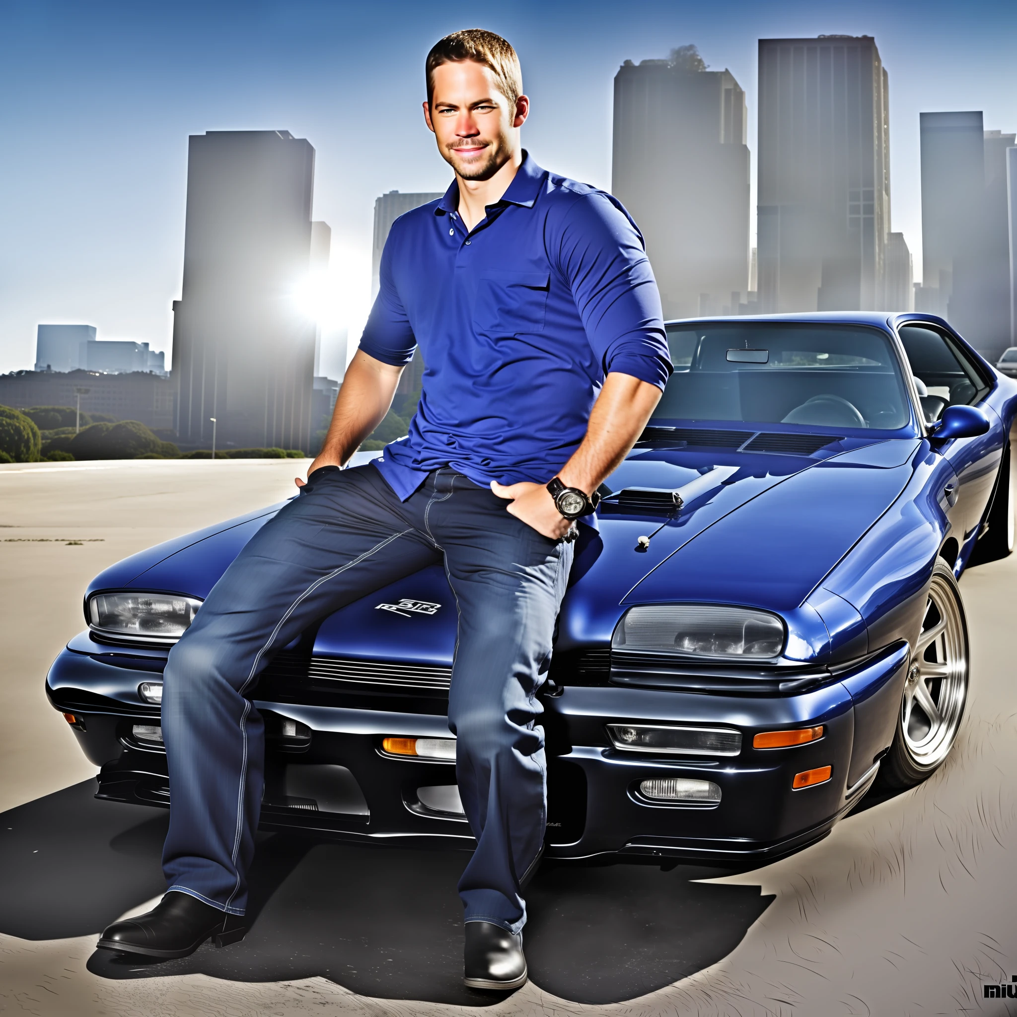 Realistic Paul walker leaning against a skyline r 34 --auto --s2